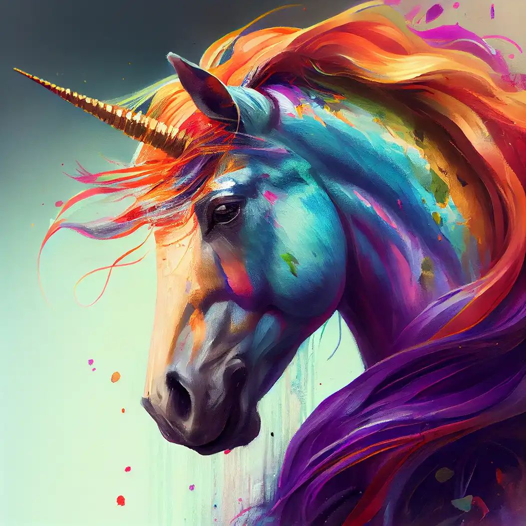 Fantasy unicorn portrait with rainbow mane and glowing magical atmosphere.