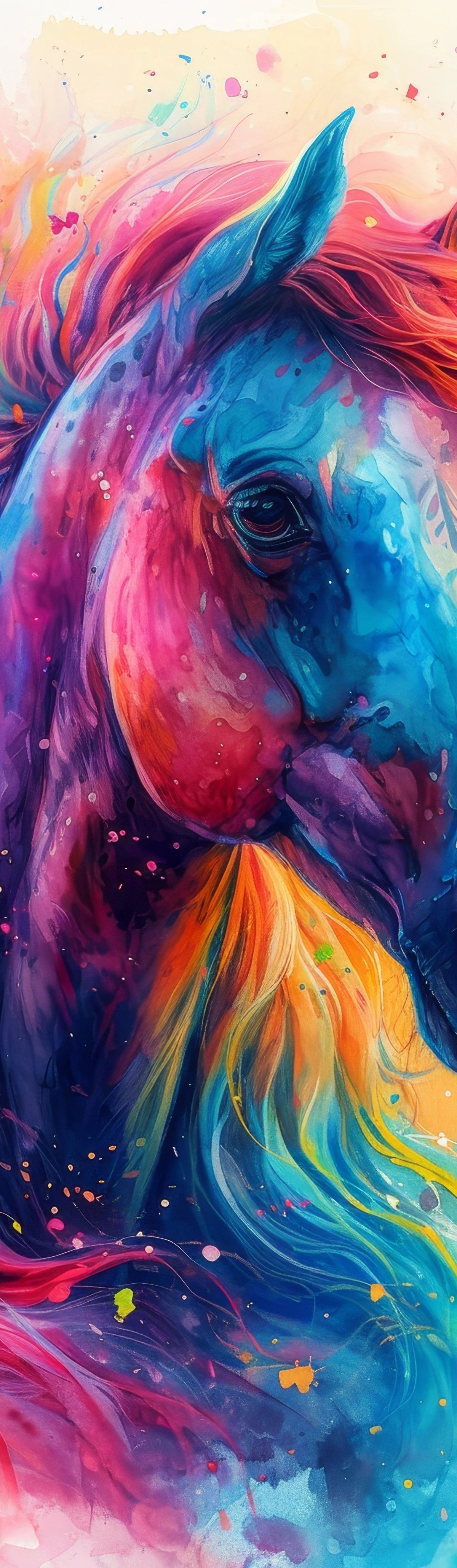 A colorful watercolor painting of a unicorn's head with flowing mane in vibrant pink, blue, orange, and yellow tones against a soft pastel background with paint splatters