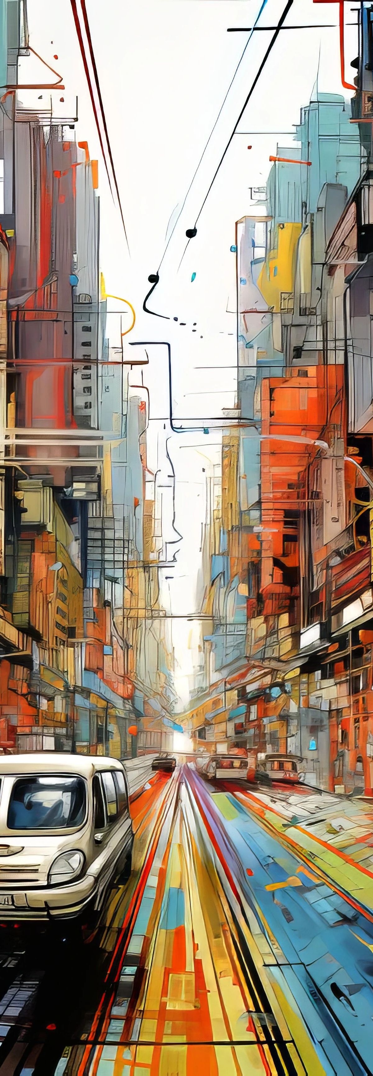 A white car driving down a geometric, multi-layered street lined with colorful abstract buildings in orange, blue, yellow, and red tones, with overhead power lines and a bright sky