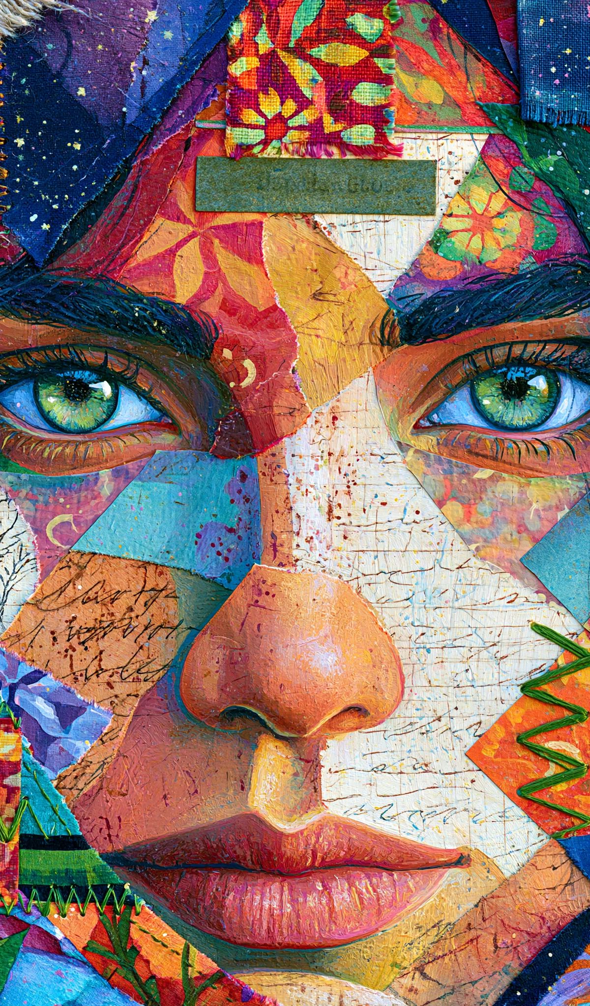 A colorful mixed-media portrait featuring a woman's face with striking green eyes, surrounded by vibrant patterned textiles, geometric designs, and layered artistic elements in jewel tones and earth colors.