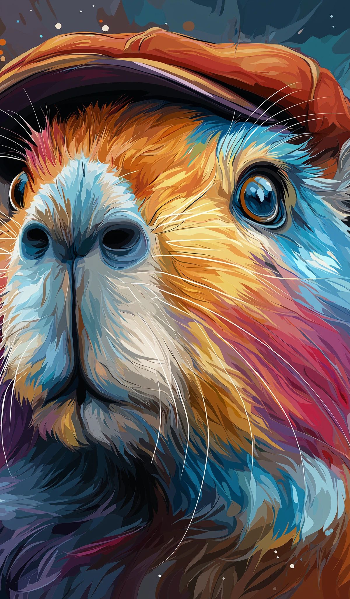 A colorful digital illustration of a capibara with large blue eyes wearing an orange hat, surrounded by vibrant swirling colors including blues, oranges, pinks, and purples