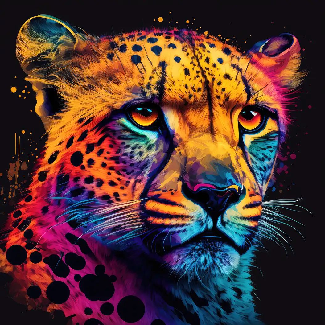 Vibrant digital illustration of a cheetah's face rendered in neon pink, orange, blue and yellow against a black background.