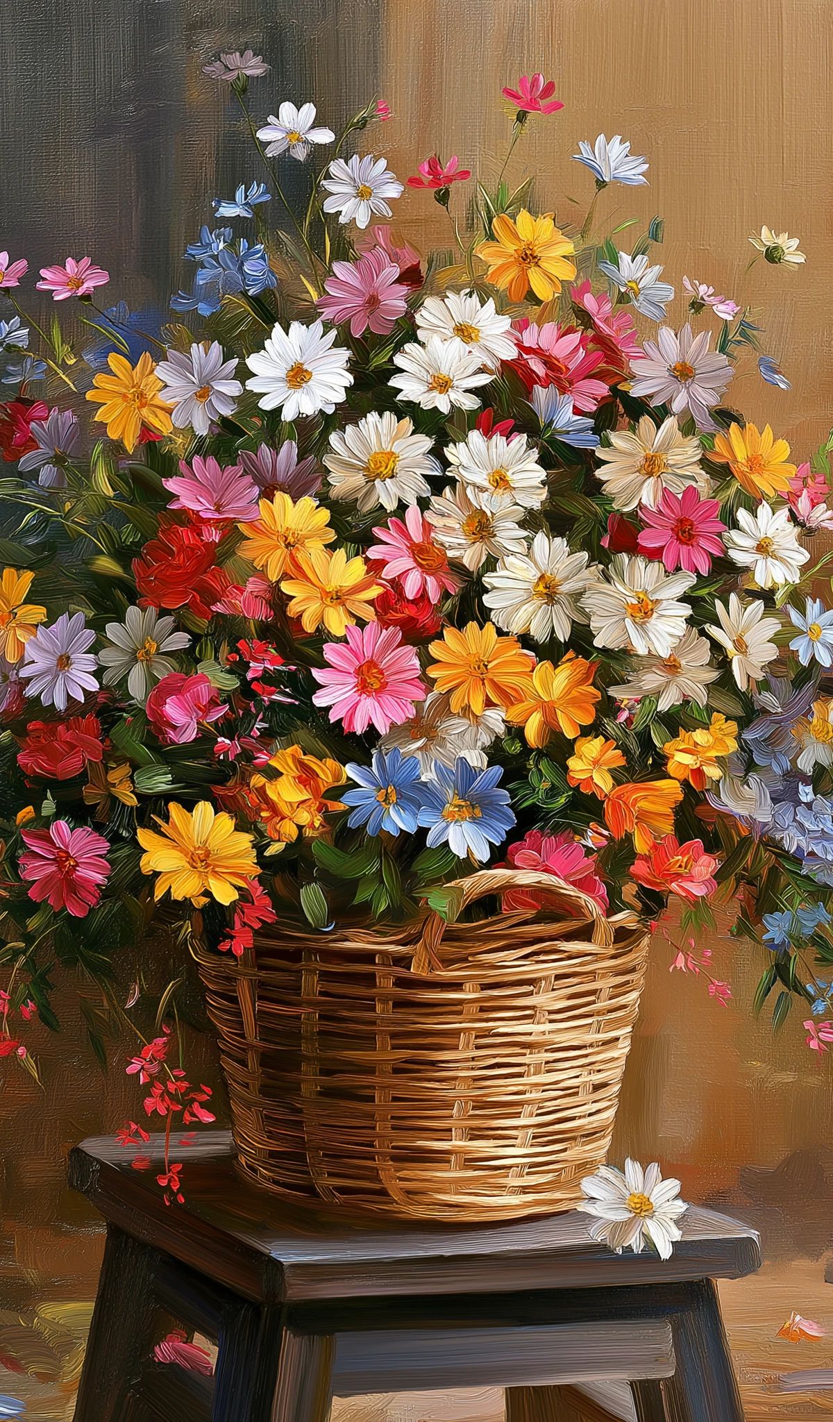 Oil painting of a wicker basket filled with vibrant multicolored daisies and small flowers cascading over the sides, sitting on a wooden stool against a warm brown background