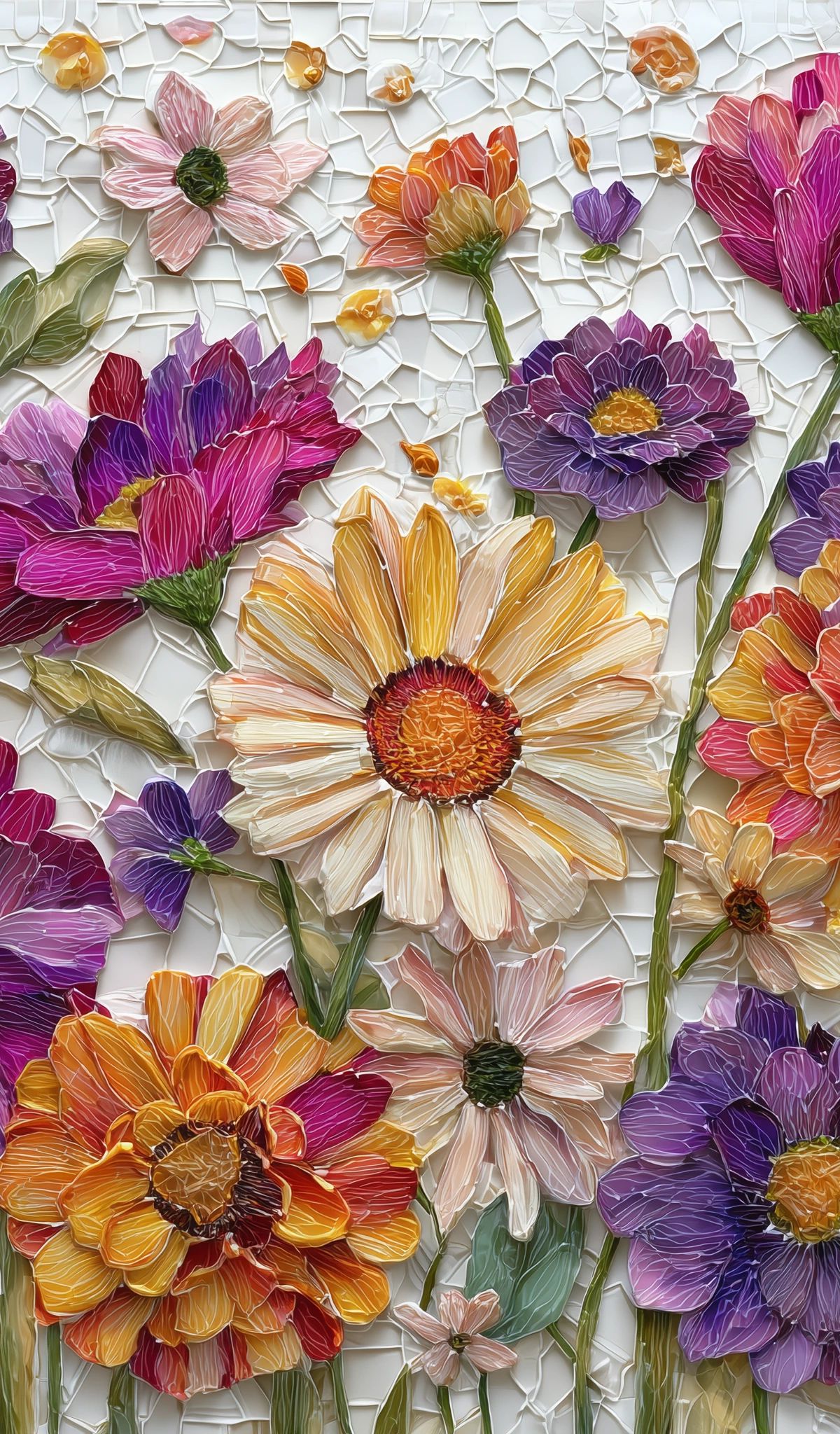 A decorative mosaic-style arrangement of colorful flowers including purple dahlias, pink daisies, orange gerberas, and yellow blooms with green stems on a white textured background