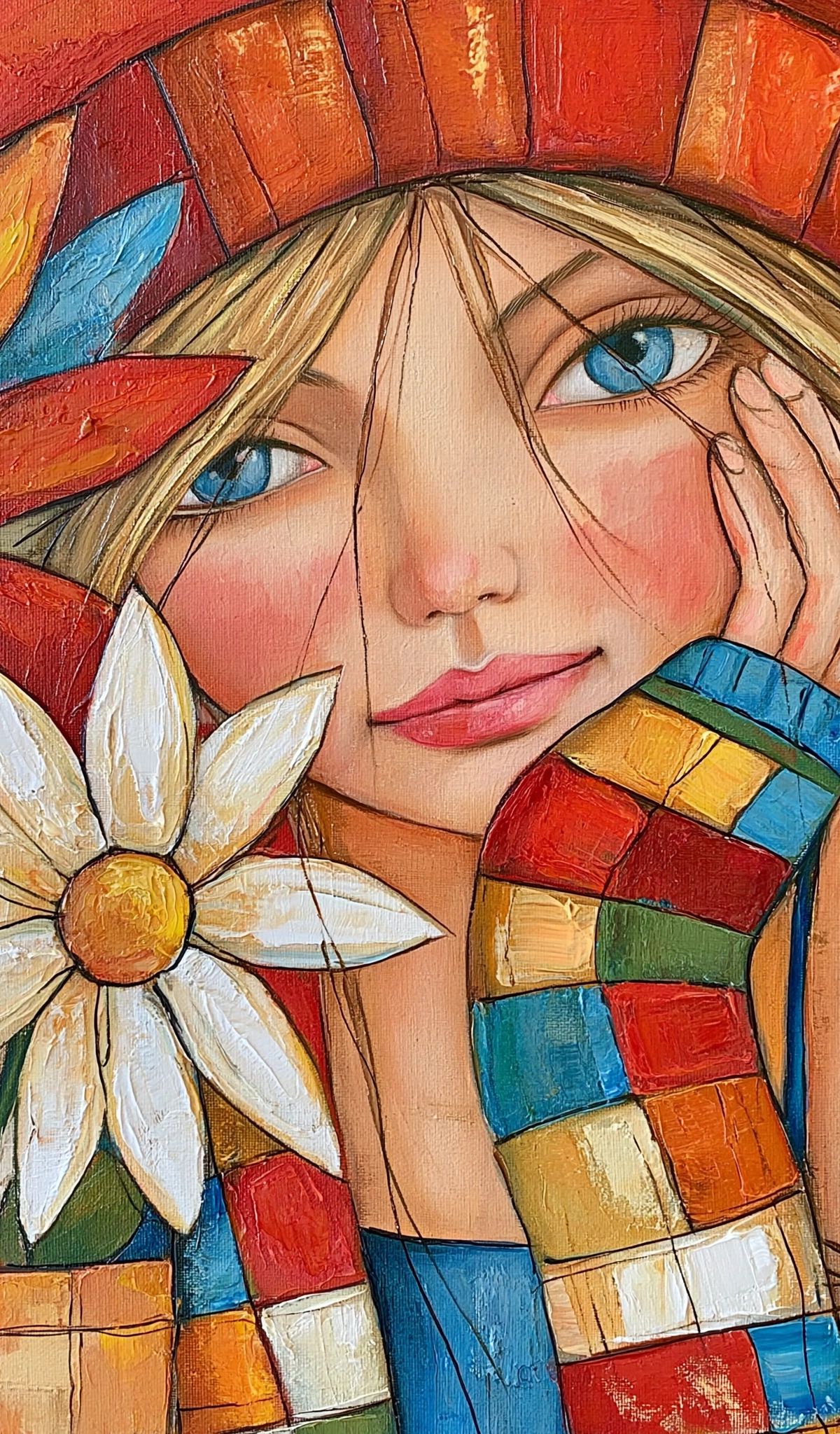 Portrait of a young girl with blonde hair and blue eyes, wearing colorful mosaic-patterned clothing, surrounded by red and white flowers against a vibrant patchwork background