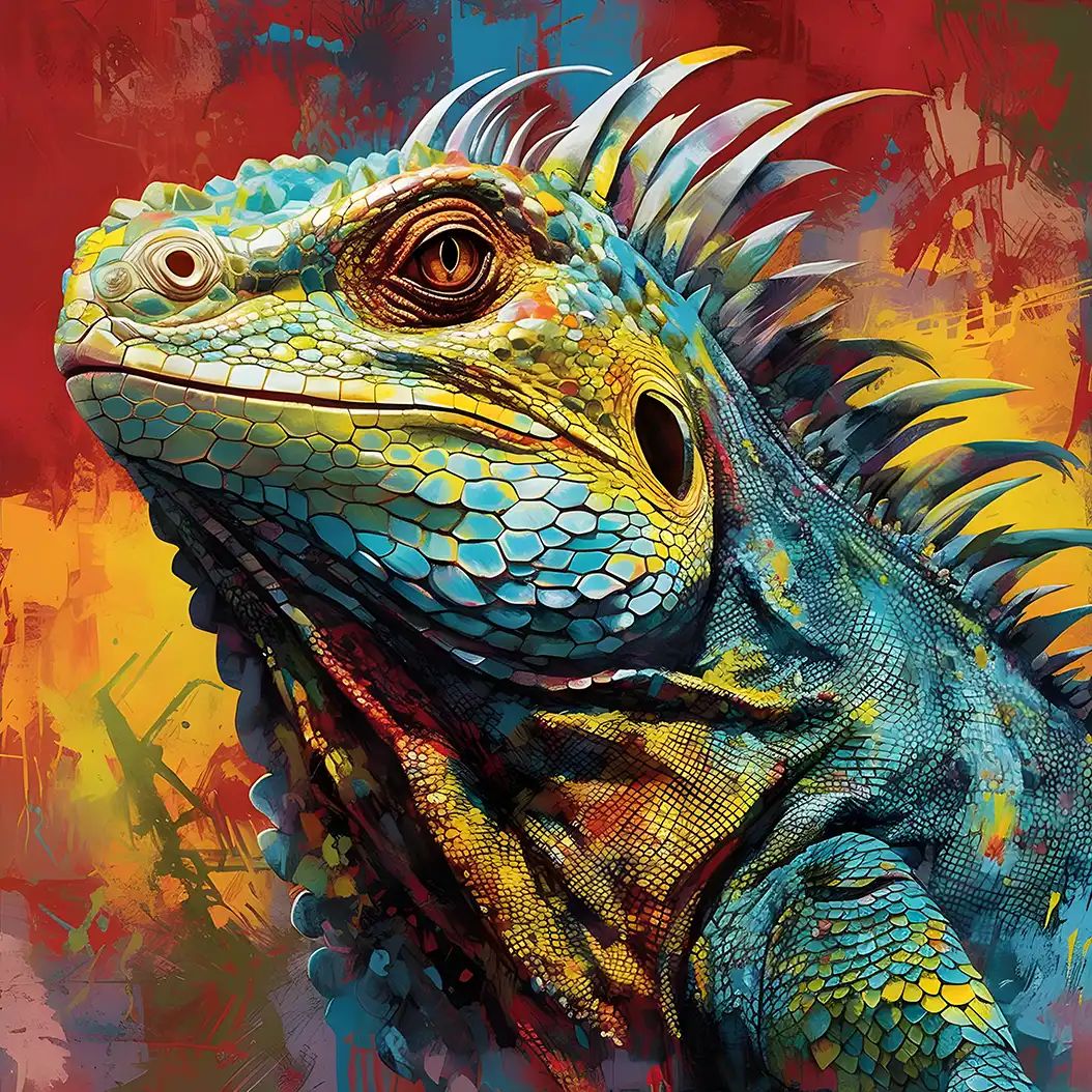 Detailed colorful of an iguana reptile in vibrant fresco realism style.