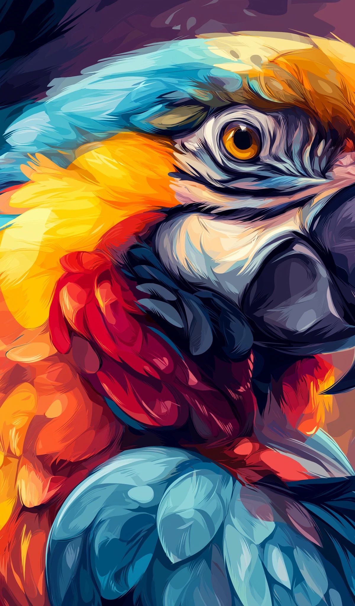 A colorful digital portrait of a macaw with vibrant blue, yellow, red, and orange plumage against a gradient background