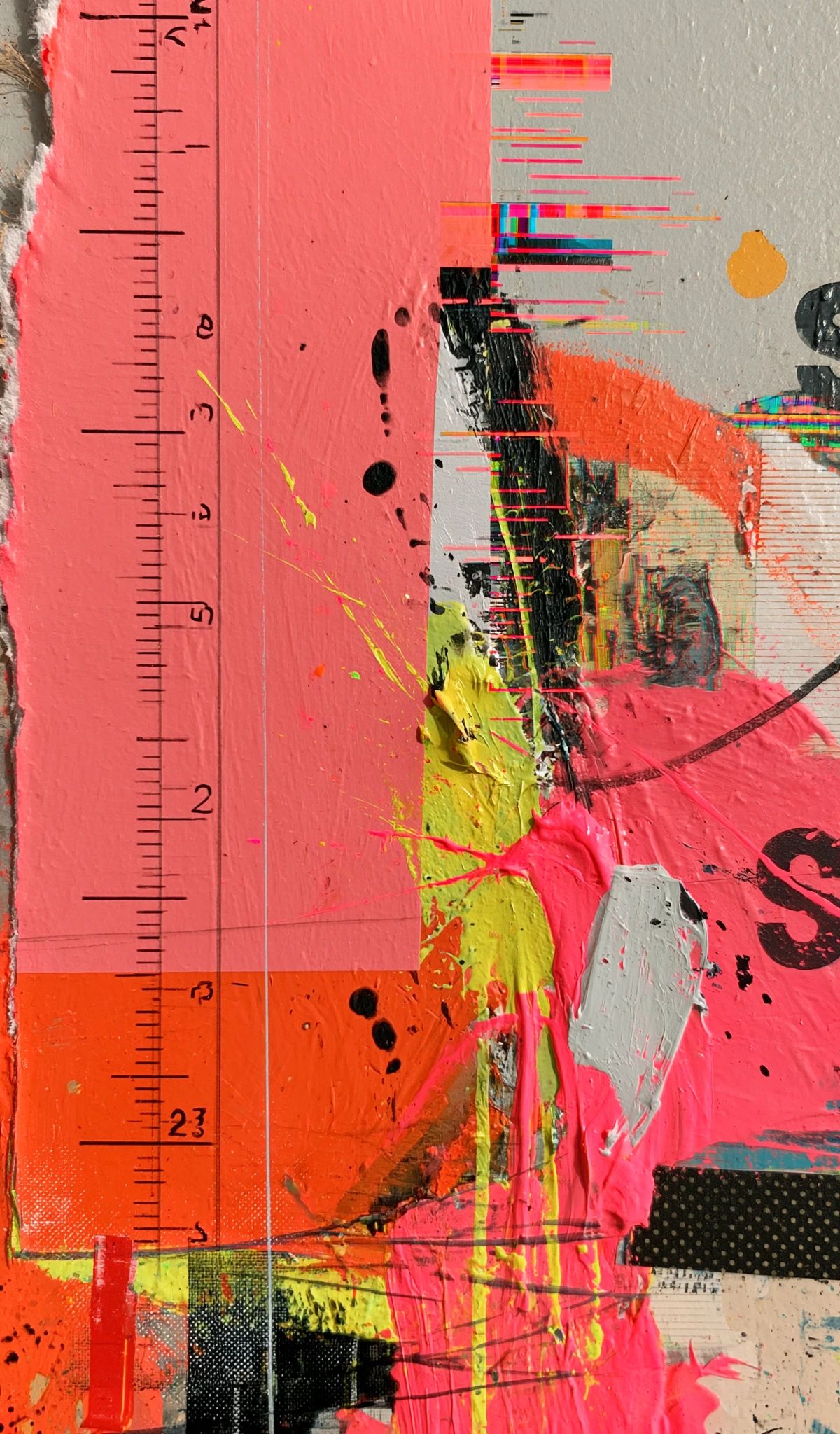 A colorful abstract mixed media collage featuring bright pink, yellow, and turquoise paint, overlapping geometric shapes, a pink ruler, barcode, and various layered textures on a neutral background.