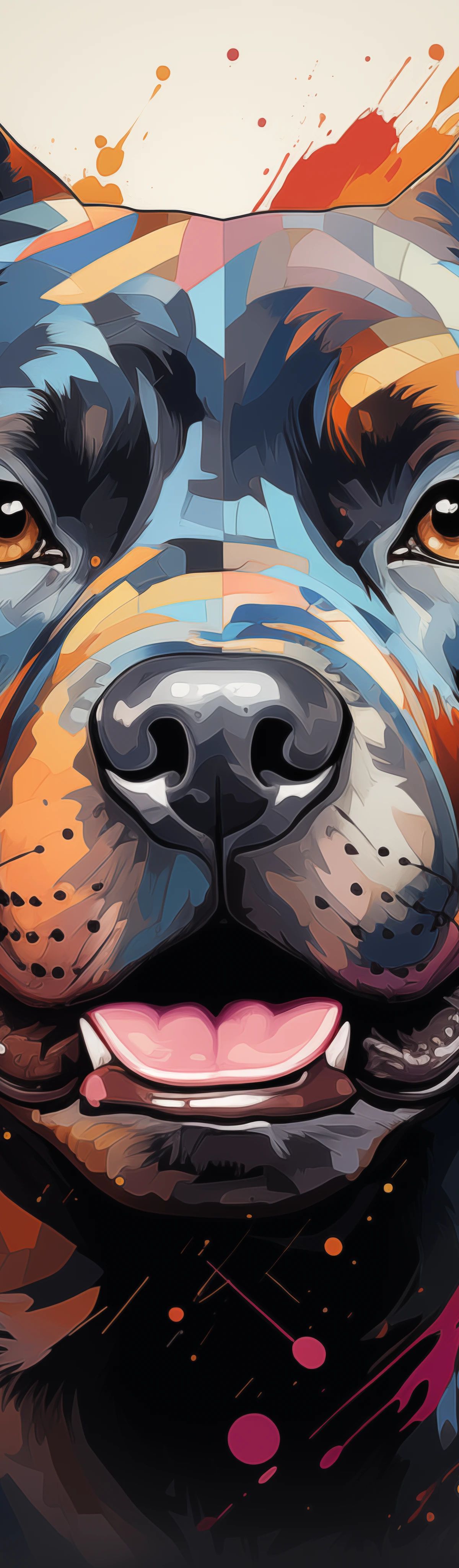 A colorful pop art style illustration of a smiling dog with geometric patterns and vibrant paint splashes in orange, blue, magenta, and yellow on a gray background