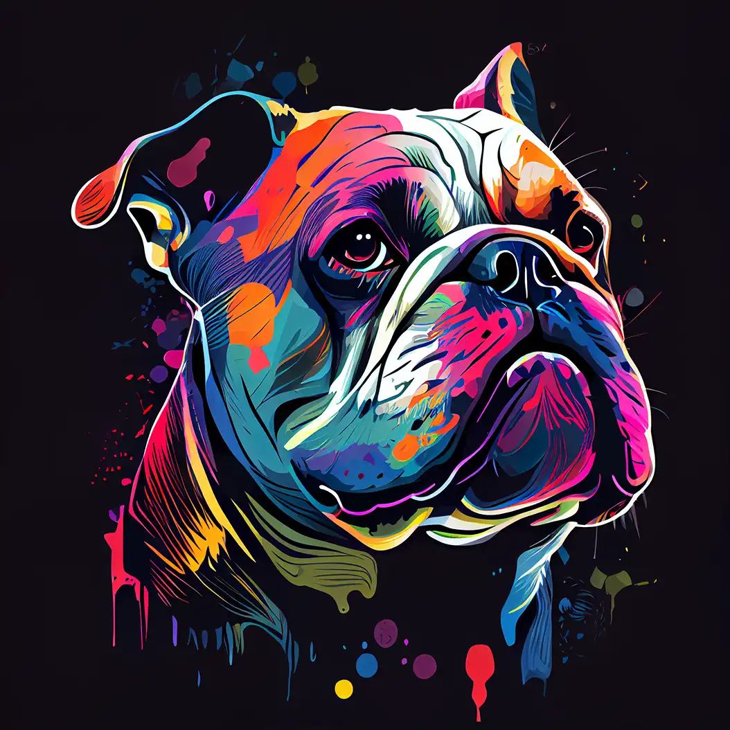 Vibrant vector-style portrait of a bulldog with neon colors and dramatic lighting.