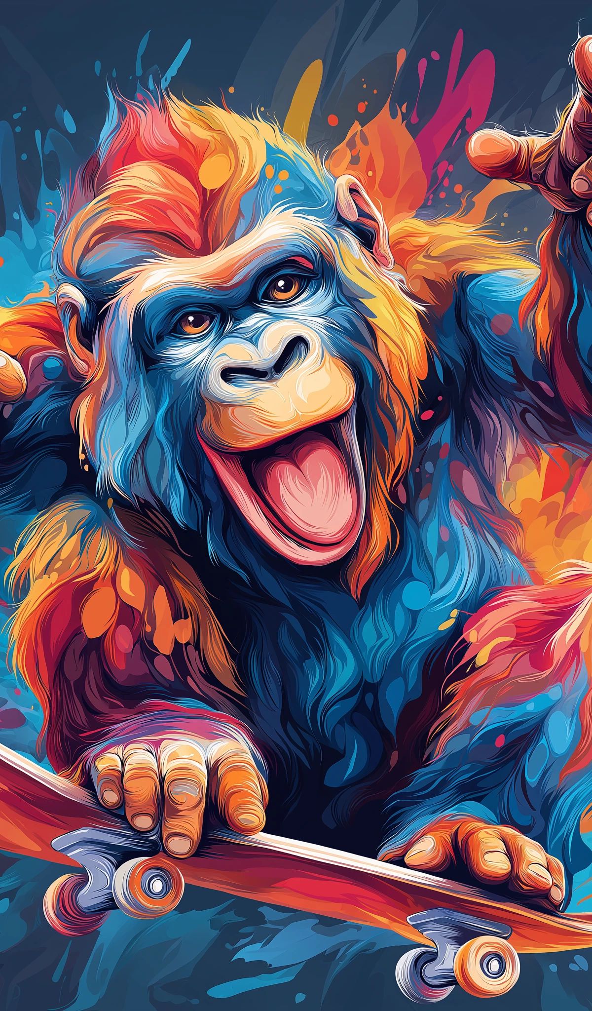 A colorful digital illustration of a happy ape or monkey character holding a skateboard with arms raised, surrounded by vibrant splashes of orange, blue, pink, and yellow paint strokes against a dark background.