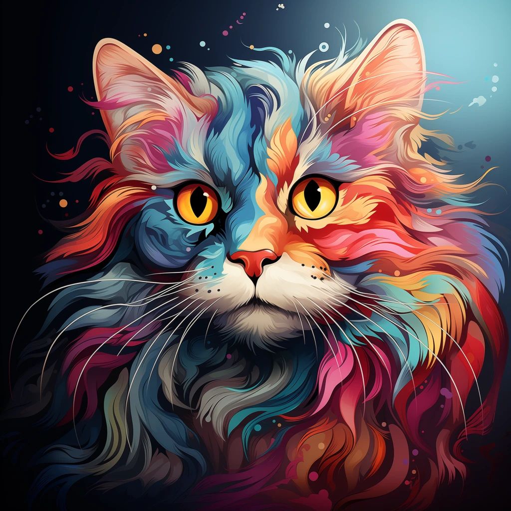 A colorful illustration of a long-haired cat with golden eyes, its fur rendered in flowing swirls of red, orange, pink, blue, teal, and cream colors against a dark blue background