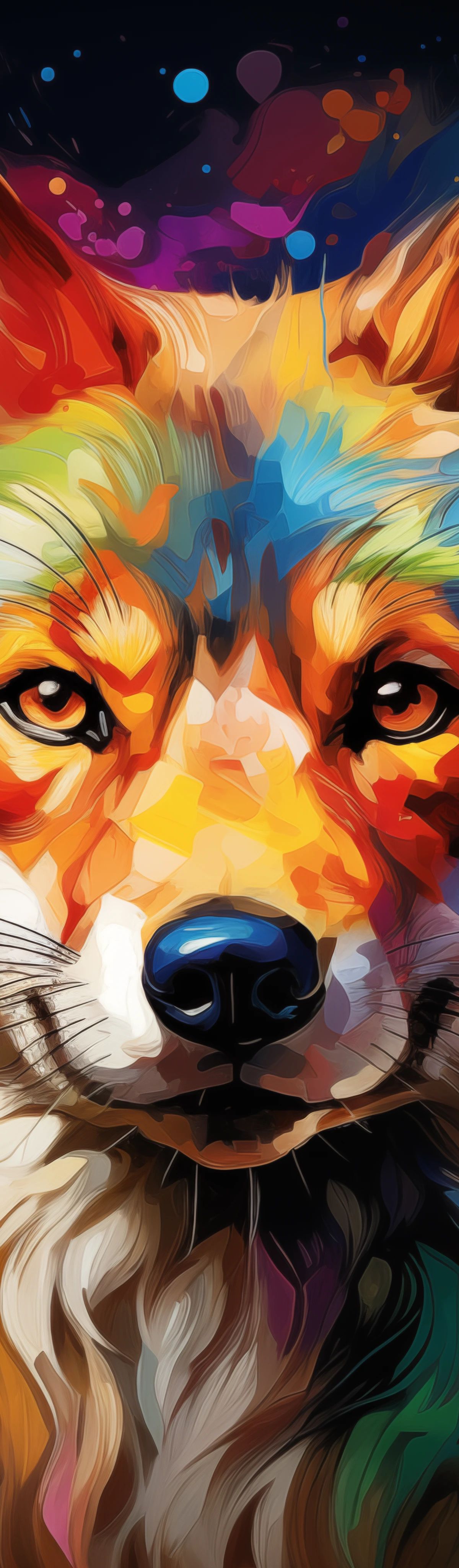 A colorful abstract portrait of a fox with rainbow-colored fur in shades of orange, yellow, blue, and magenta, with expressive eyes and splattered paint effects on a dark background.