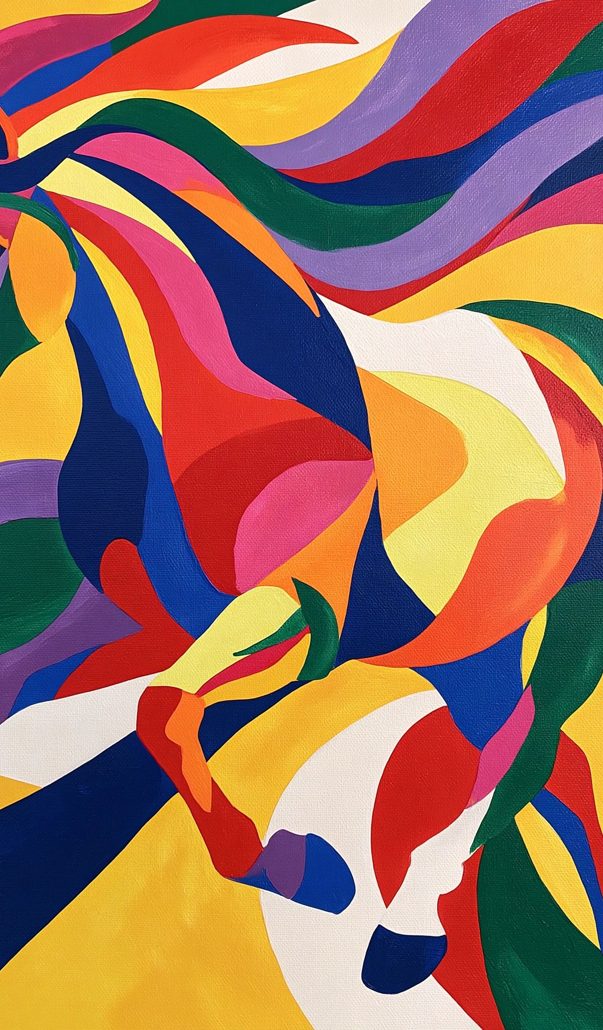 A colorful abstract horse illustration composed of flowing ribbons and geometric shapes in vivid colors including red, yellow, blue, green, pink, purple, and orange against a white background.