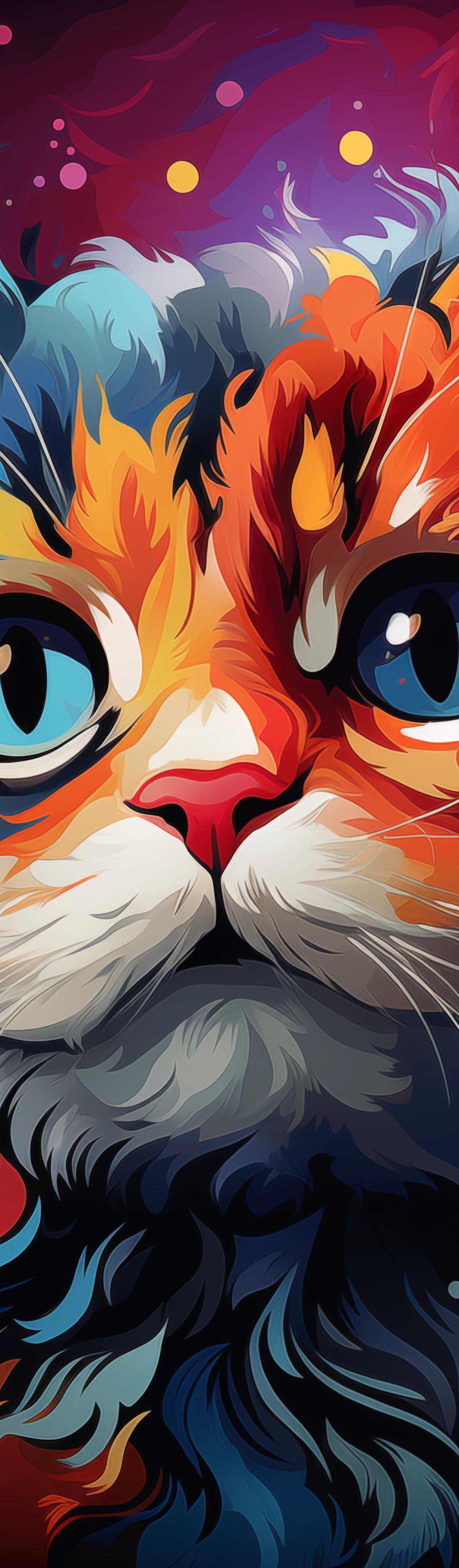 A colorful digital illustration of a long-haired cat with vibrant red, orange, blue, and purple hues blending throughout its fur, set against a dark background with floating bokeh elements