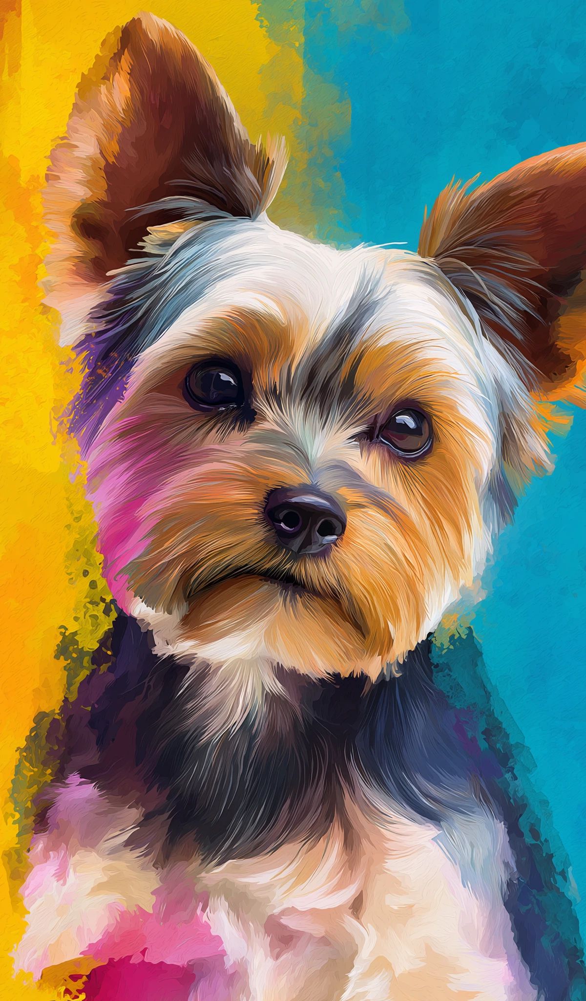 A colorful portrait of a small terrier with white, tan, and dark markings against a vibrant multi-colored background transitioning from yellow and orange on the left to blue and teal on the right, with splashes of pink and purple throughout.