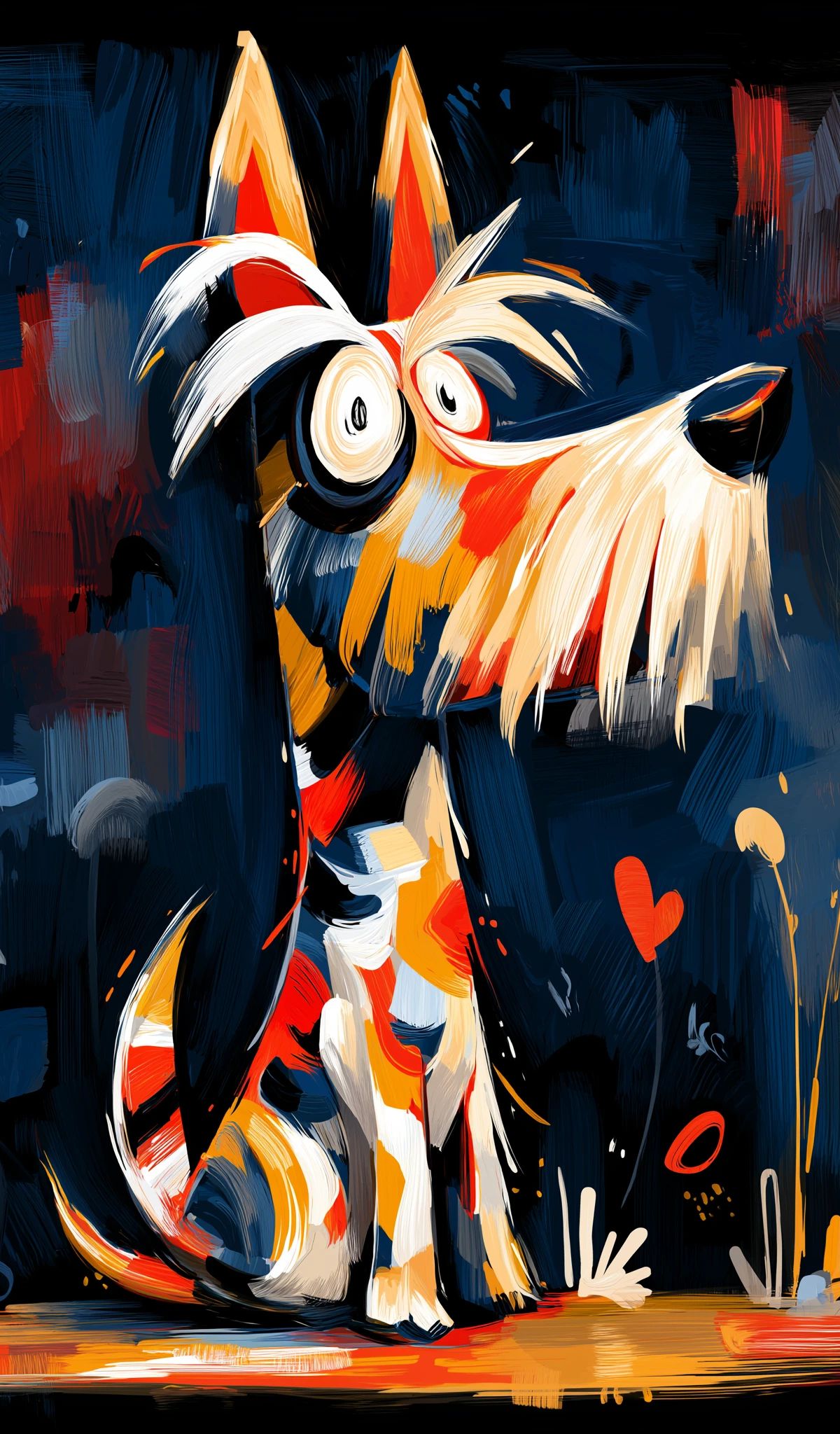 A digitally illustrated fox with striking eyes, rendered in vibrant red, orange, gold, and white fur against a dark blue and red textured background with scattered flowers and decorative elements.