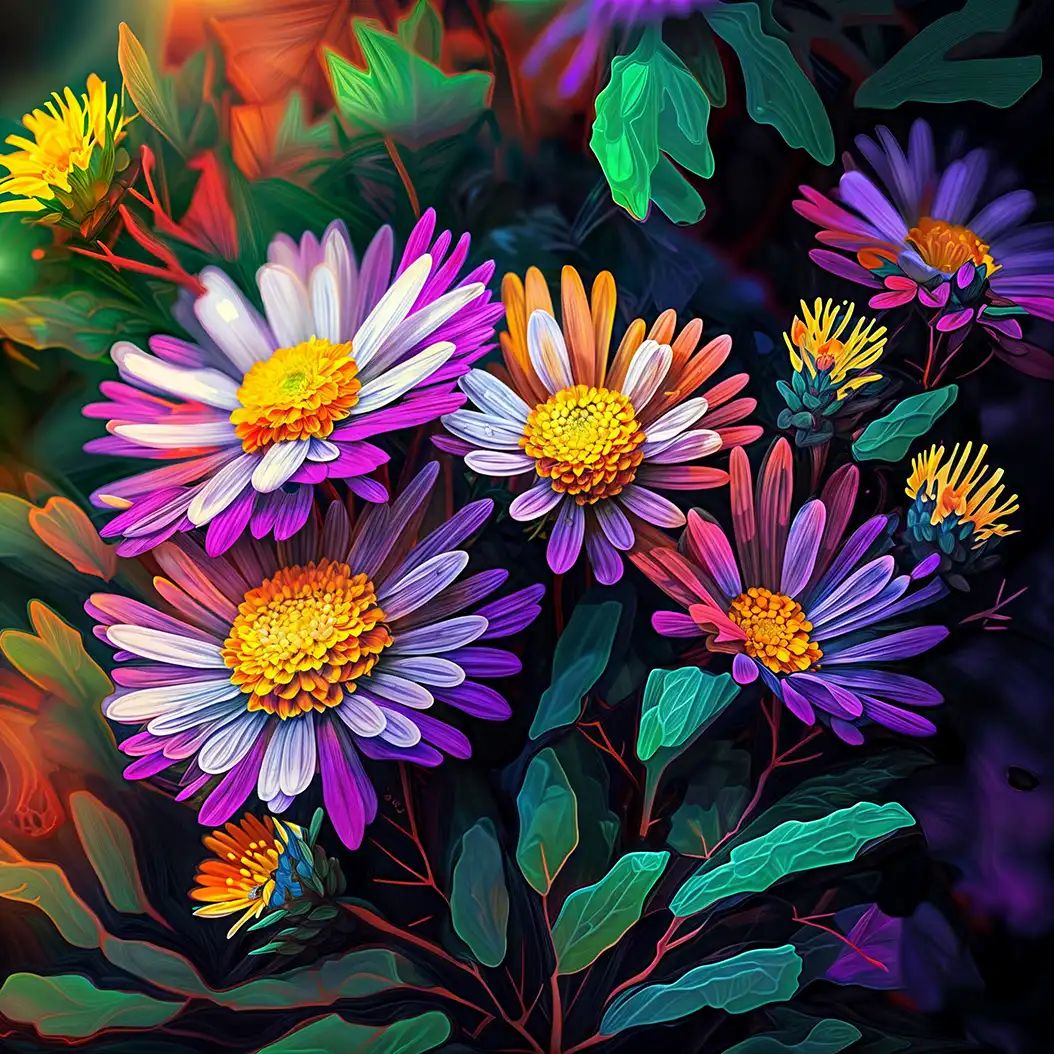 Close-up of vividly colored purple and white daisy flowers with orange centers surrounded by teal leaves in high-saturation digital art style.