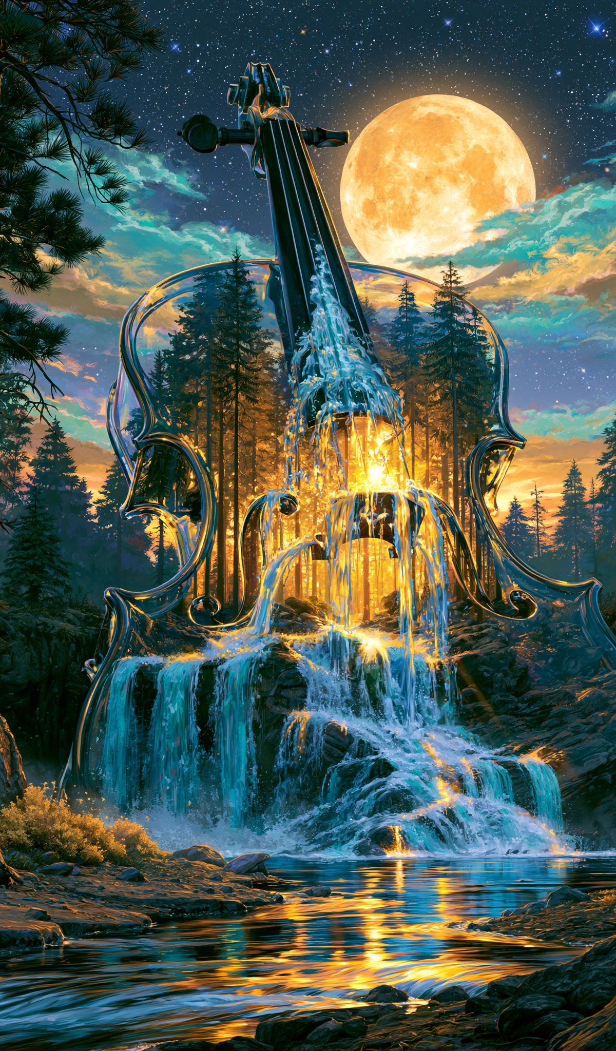 A giant violin with water flowing through it like a waterfall in a moonlit forest surrounded by tall pine trees and glowing rocks