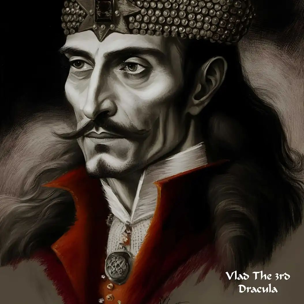 Dark dramatic portrait of Vlad the Impaler in gothic historical art style with moody lighting.