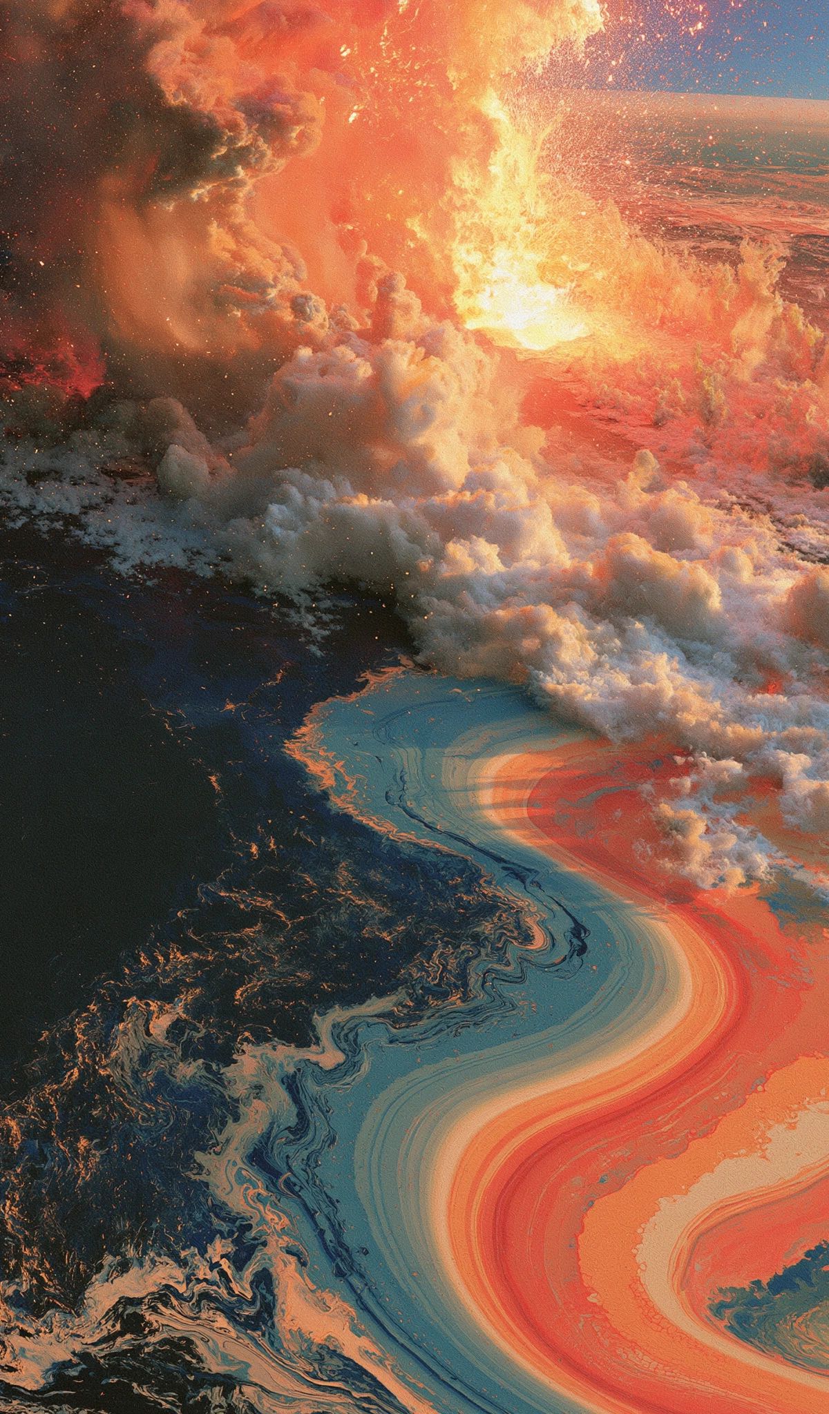 Aerial view of a volcanic eruption with massive plumes of orange and white smoke rising from the crater, illuminated by glowing lava flows against a landscape of dark volcanic rock