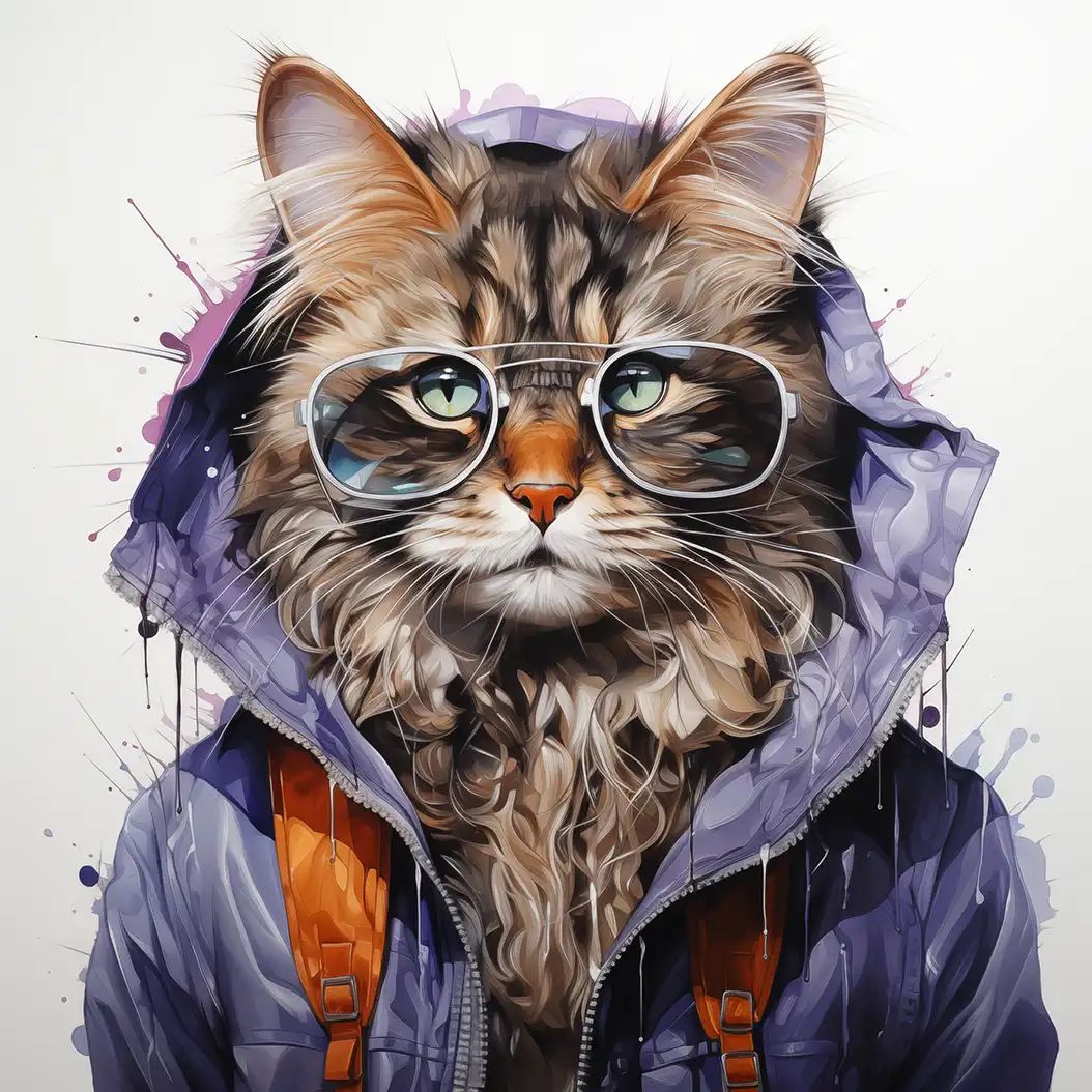 Digital illustration of a fluffy cat wearing round sunglasses and a purple hooded jacket with orange backpack straps.