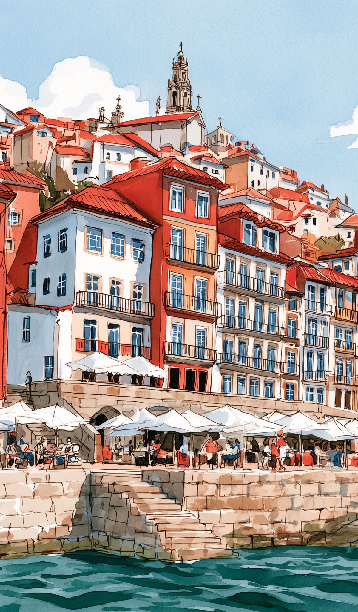 Illustration of a Mediterranean coastal town with red-roofed buildings overlooking a waterfront café with white umbrellas and turquoise water