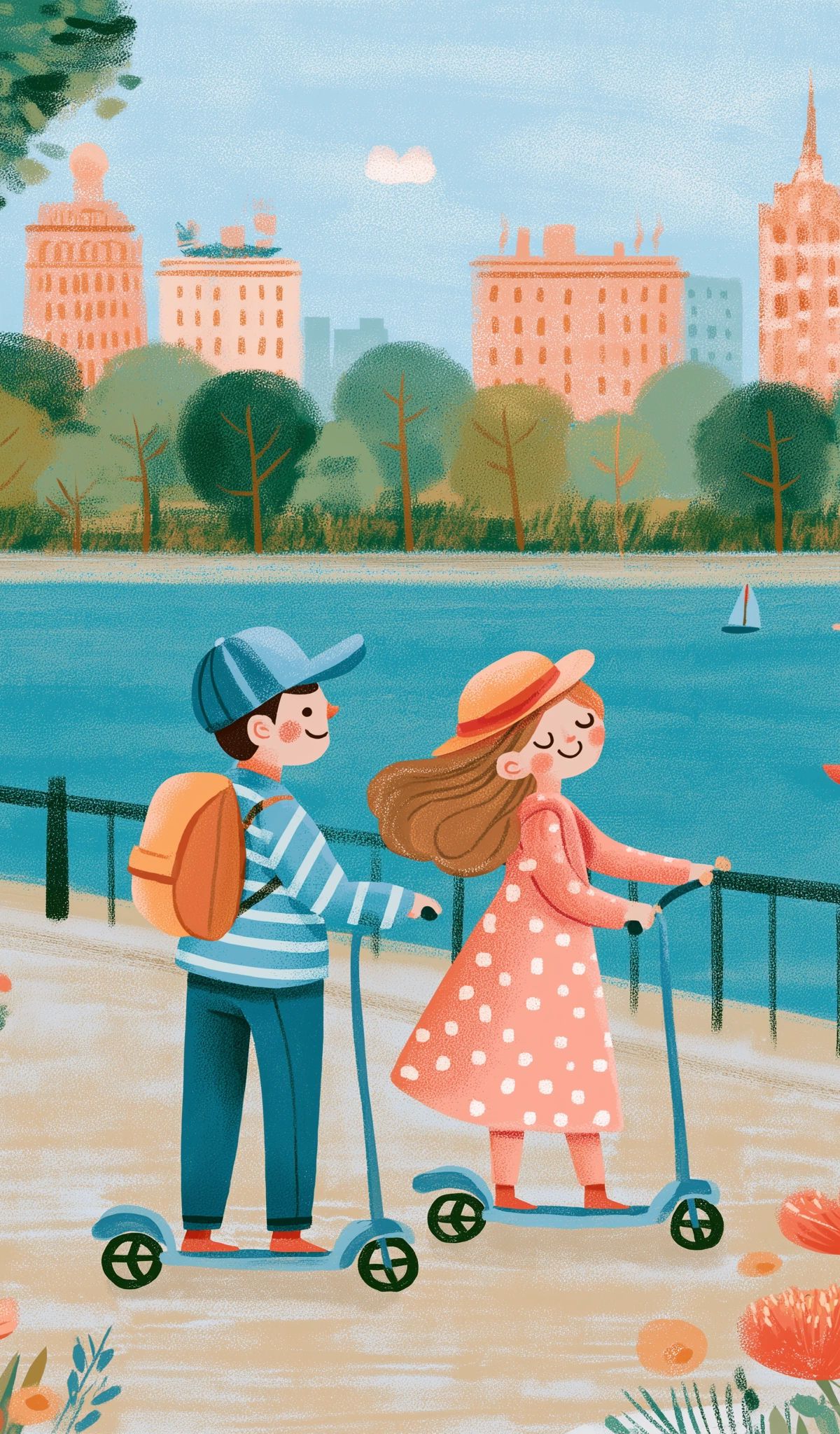 Illustrated scene of a boy and girl on scooters by a waterfront, with sailboats, trees, flowering plants, and a coral-colored city skyline under blue sky