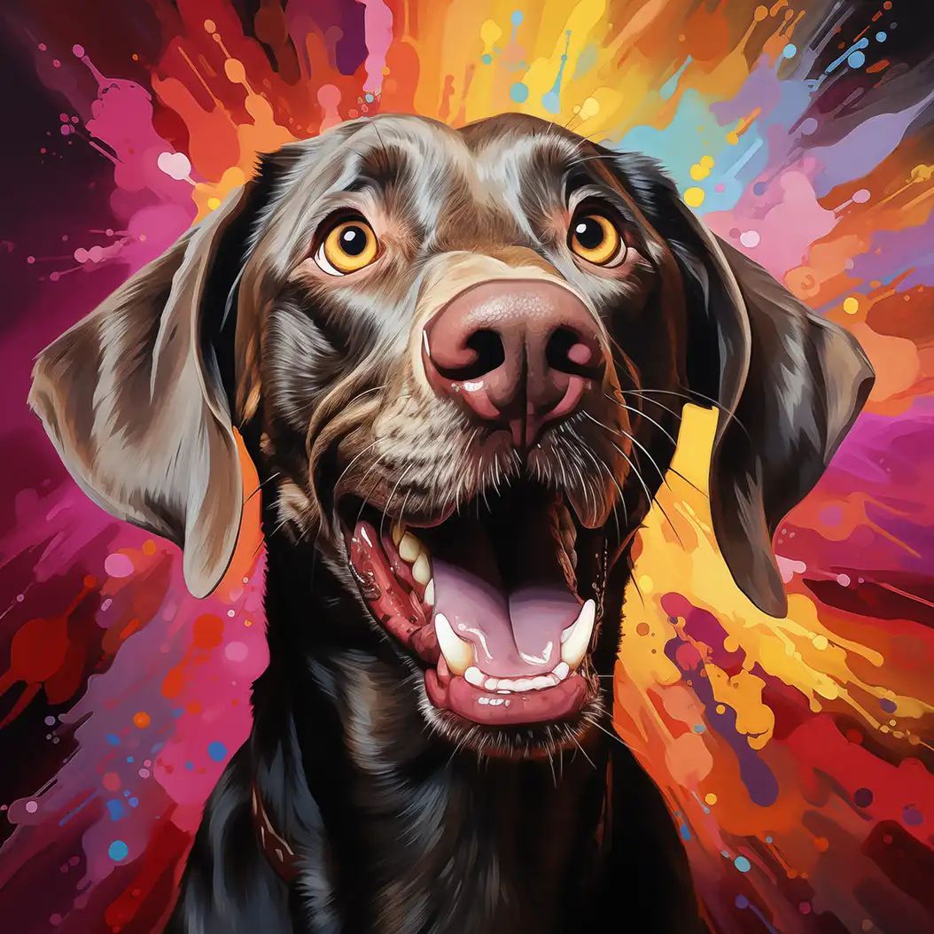 Artistic colorful portrait of a happy Weimaraner dog with expressive eyes and vibrant abstract background.