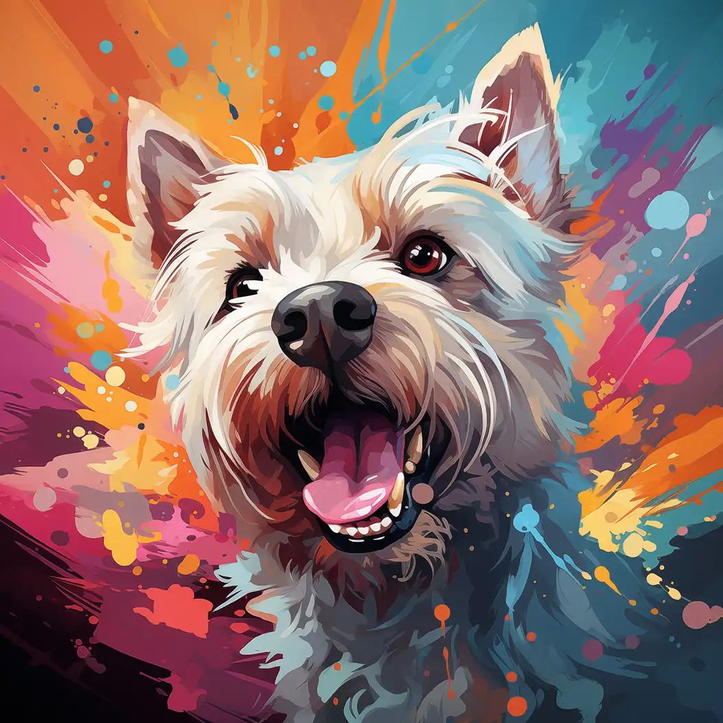 Cheerful digital painting of a West Highland White Terrier dog with colorful vibrant background.