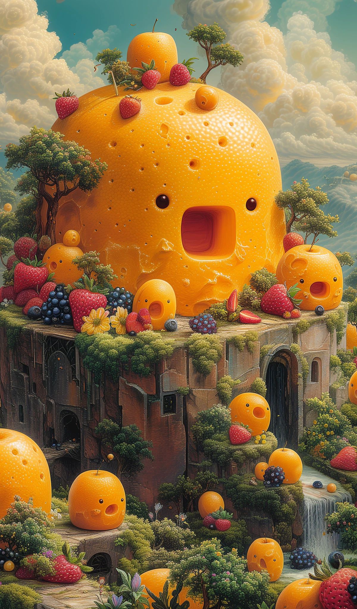 A surreal digital illustration of giant anthropomorphic oranges and strawberries as buildings on floating islands, surrounded by lush vegetation, waterfalls, and smaller fruit characters against a dreamy sky with puffy clouds