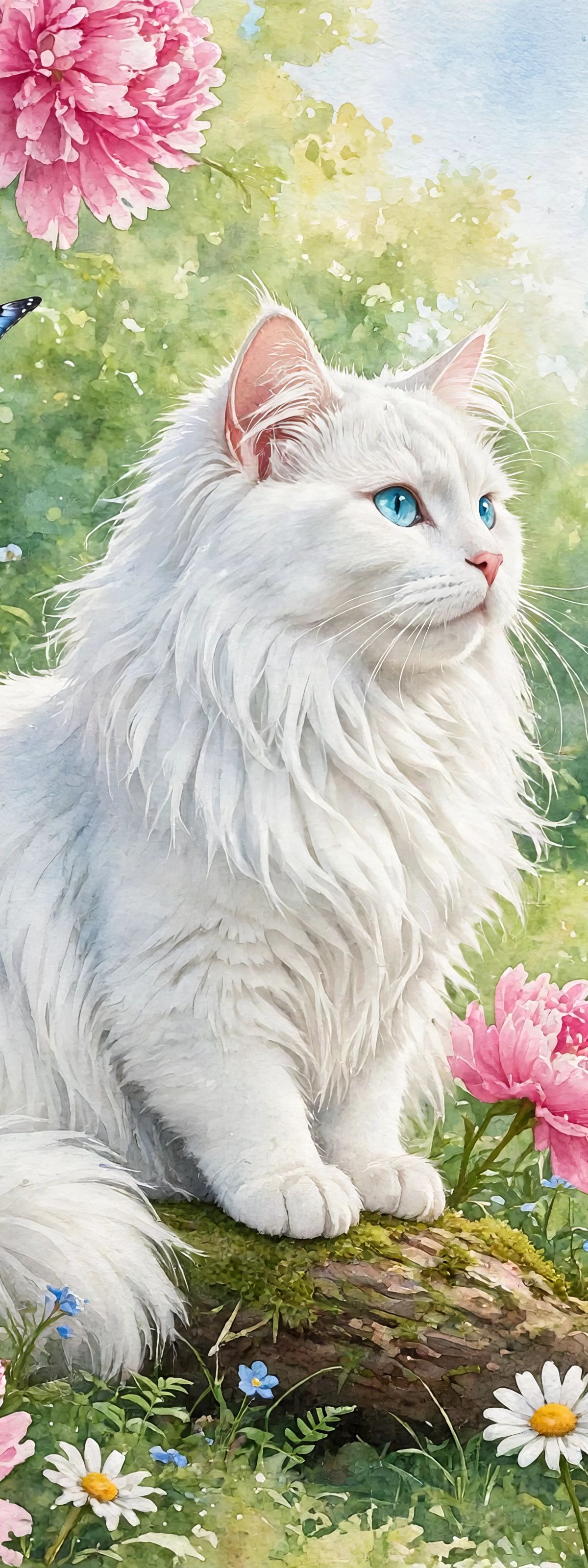 Watercolor painting of a fluffy white cat with blue eyes sitting on a log amid pink peonies, daisies and three colorful butterflies.