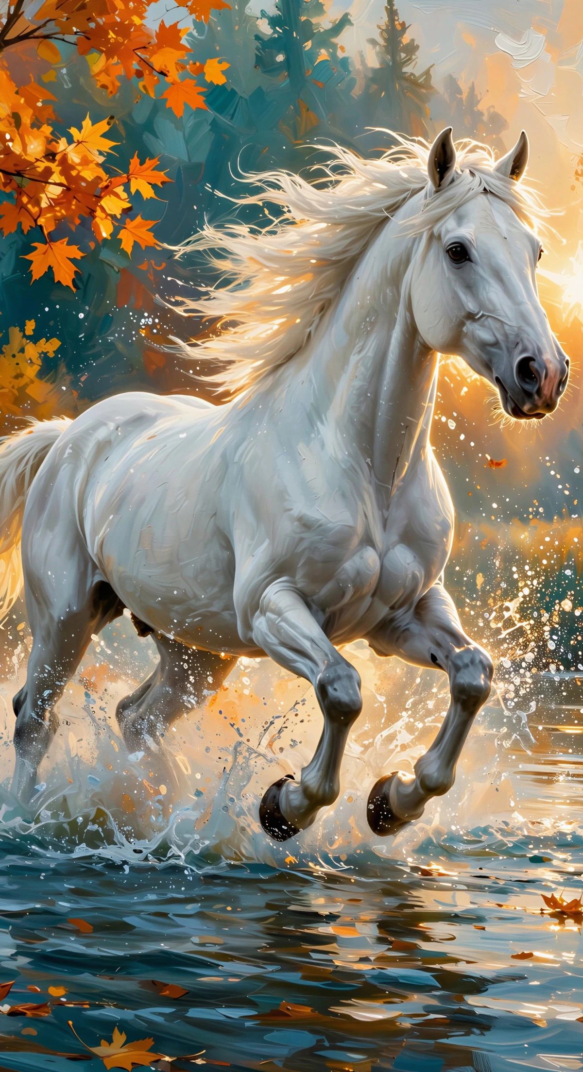 A white horse running through water in an autumn forest setting with golden leaves and teal-colored trees in the background