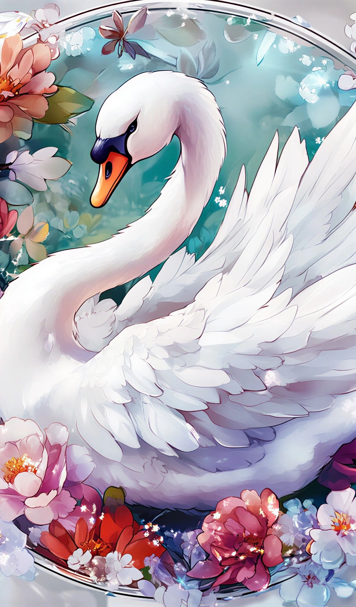 A white swan with orange beak surrounded by pink, red, and white peonies and decorative crystal elements in an illustrated style