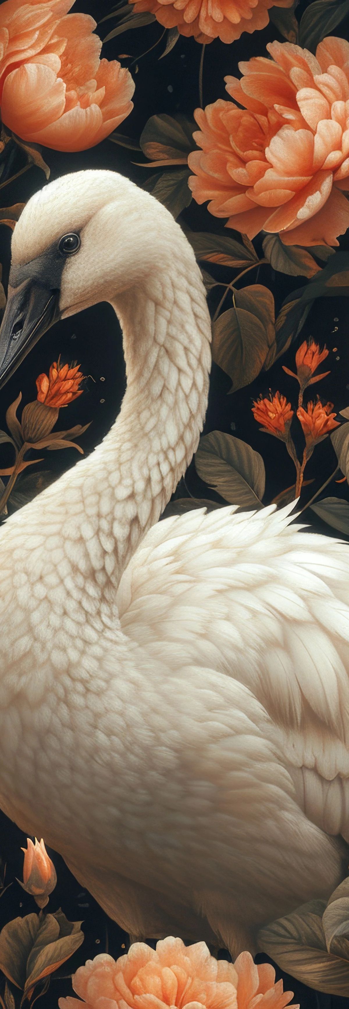 A white swan with detailed feathering surrounded by coral pink peonies and sage green foliage against a dark background