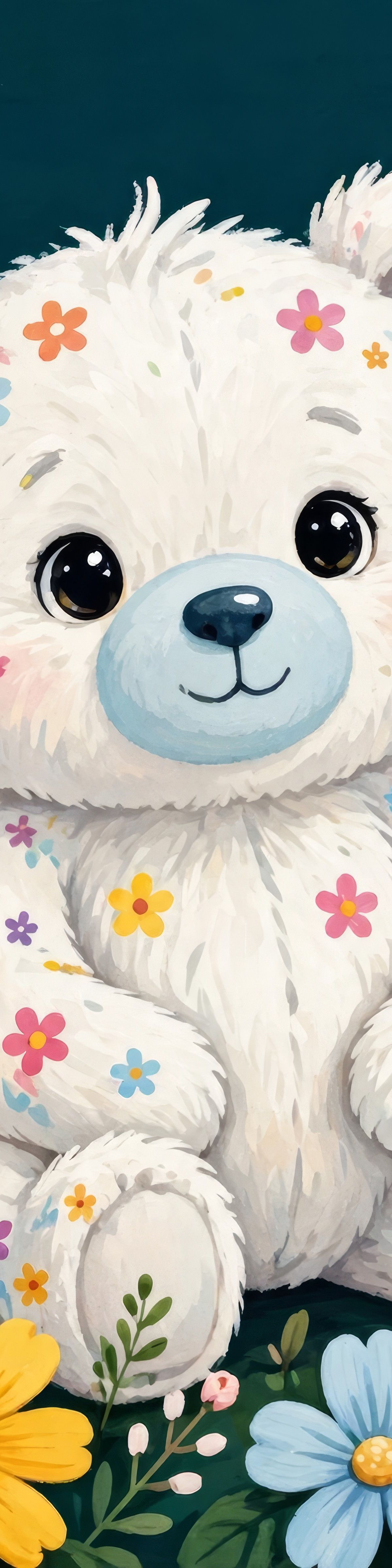 Illustrated white teddy bear covered in tiny flower patterns sitting among large colorful flowers on a dark teal background.