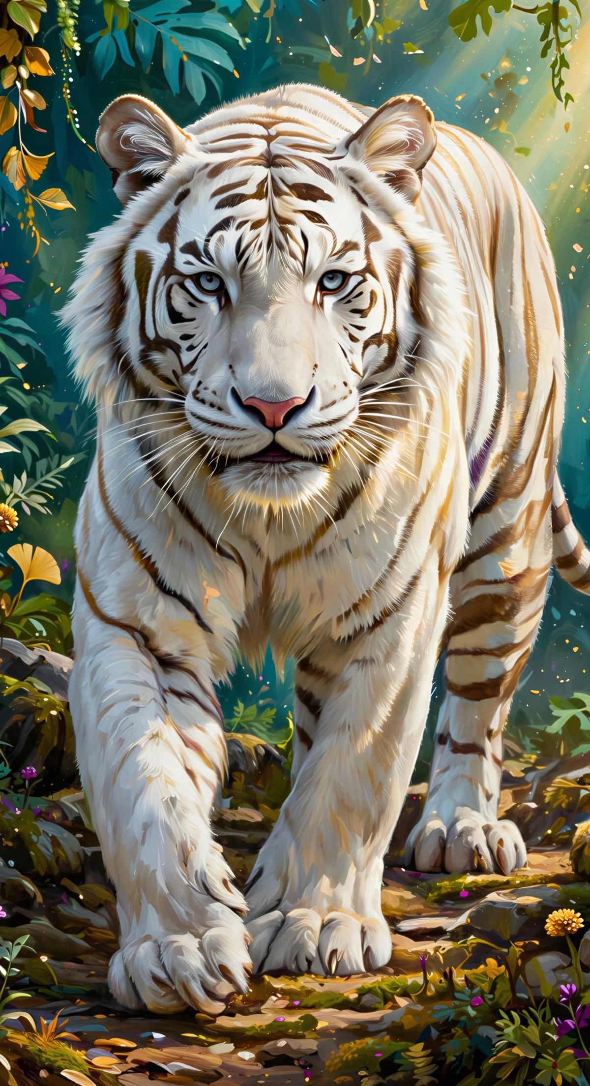 A white tiger with dark stripes and golden eyes walking forward through a garden filled with purple orchids, yellow flowers, green leaves, and hanging vines with golden sunlight streaming through the background