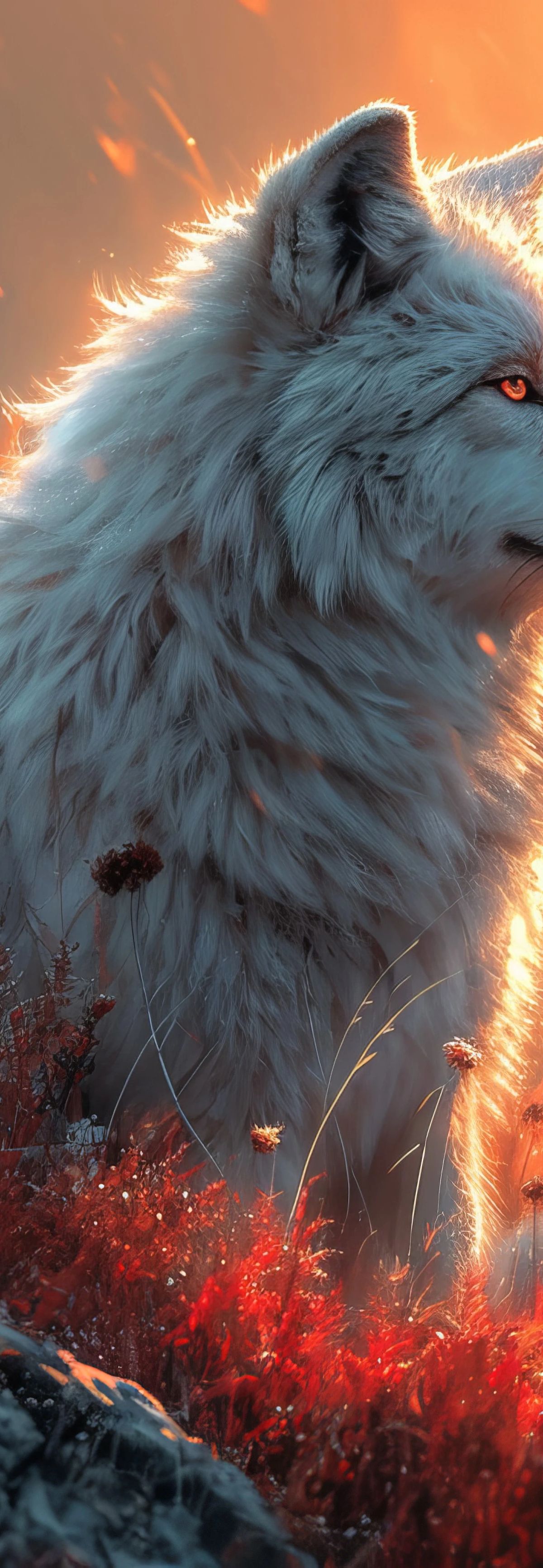 A white wolf with amber eyes standing in profile amid red flowering plants and falling embers, bathed in warm golden and orange sunset light
