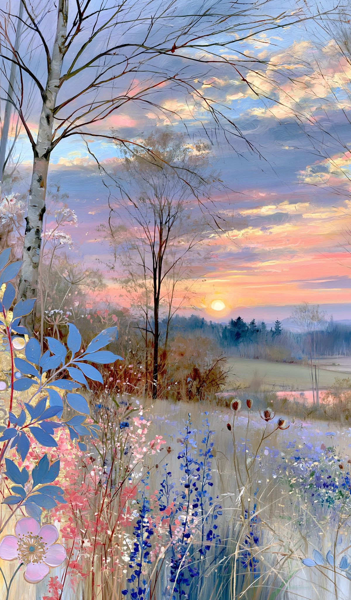 Illustrated landscape with stylized blue and pink wildflowers in foreground, bare trees, misty valley with rising sun, and golden clouds at sunrise