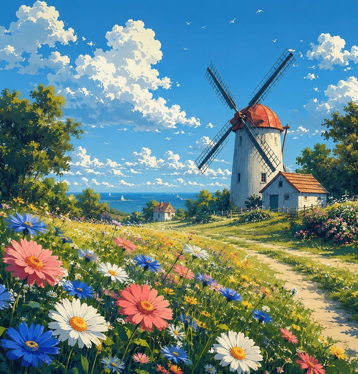 A traditional white windmill with red roof and turning blades overlooks a wildflower meadow and distant sea under a sunny sky with cumulus clouds