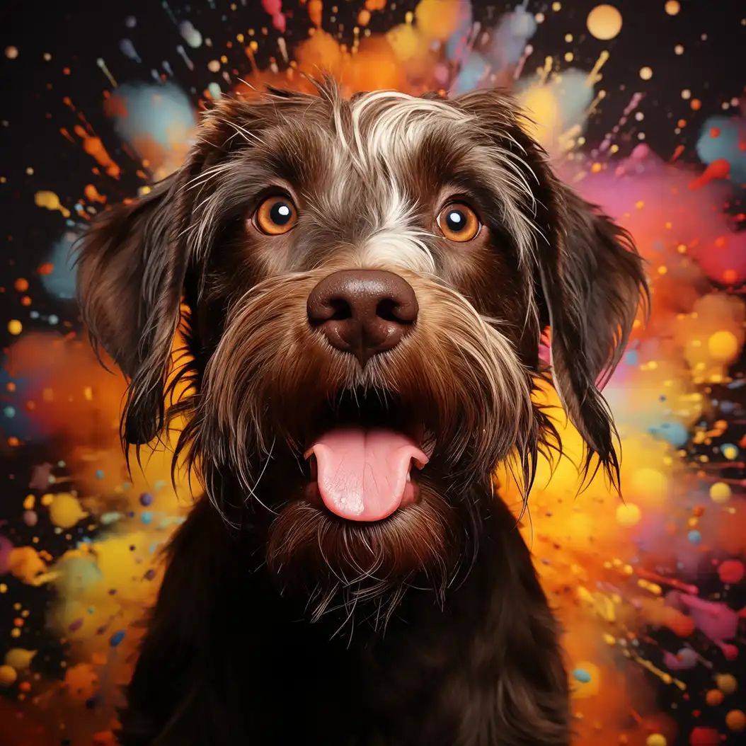 Vibrant digital portrait of a happy Wirehaired Pointing Griffon dog with glowing colorful background.