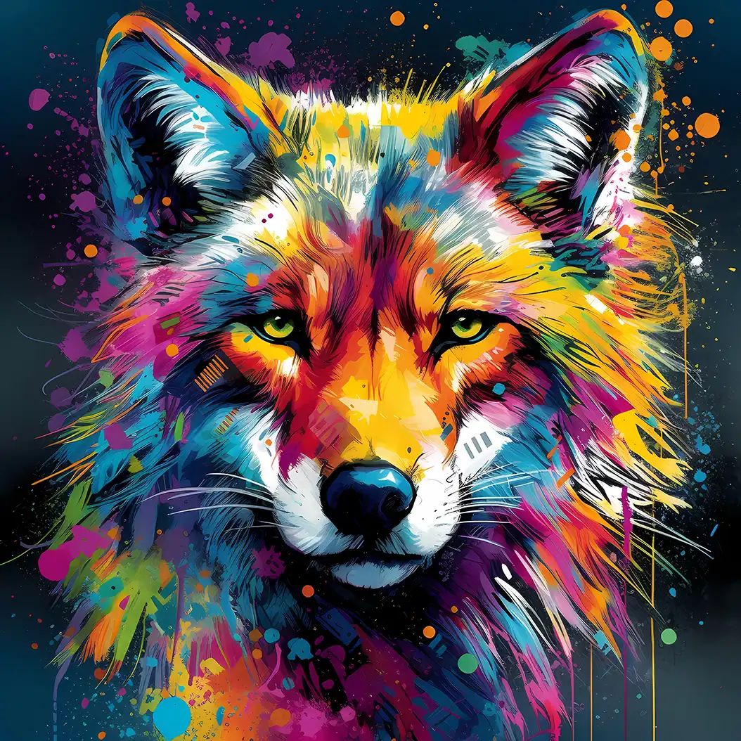 Artistic vibrant portrait of a wolf with colorful neon fur and expressive glowing eyes.