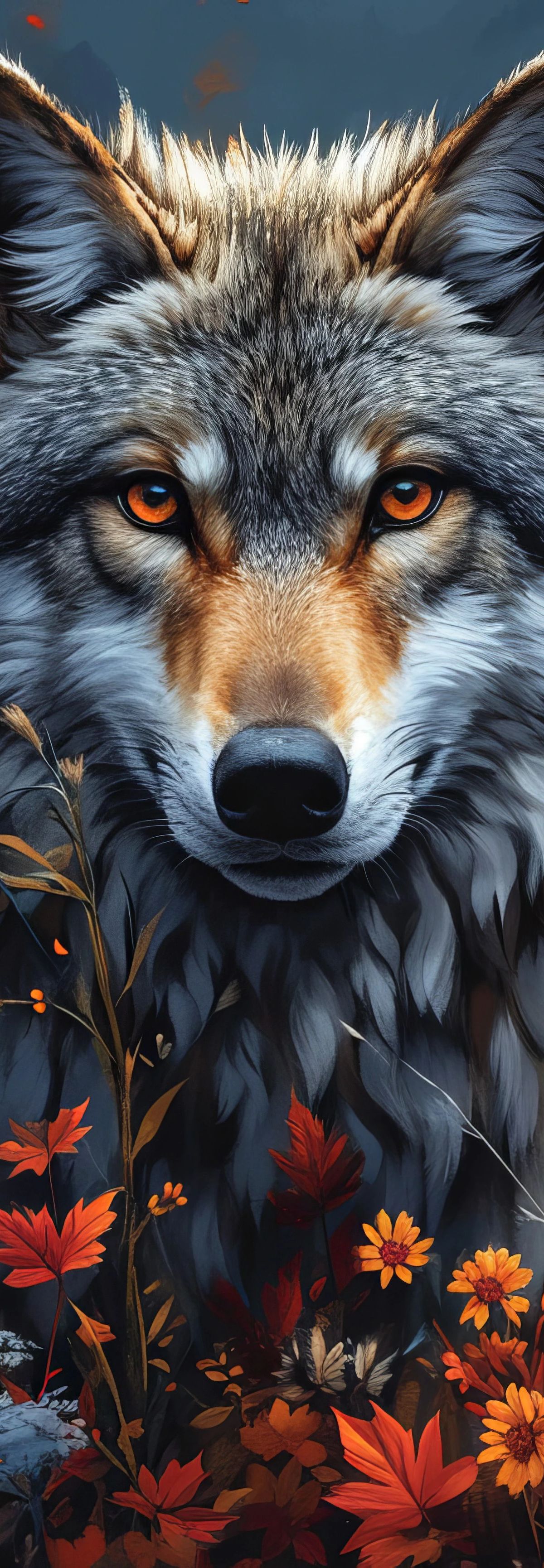 A wolf with grey and tan fur and glowing orange eyes surrounded by blooming orange, red, and white wildflowers against a dark blue background