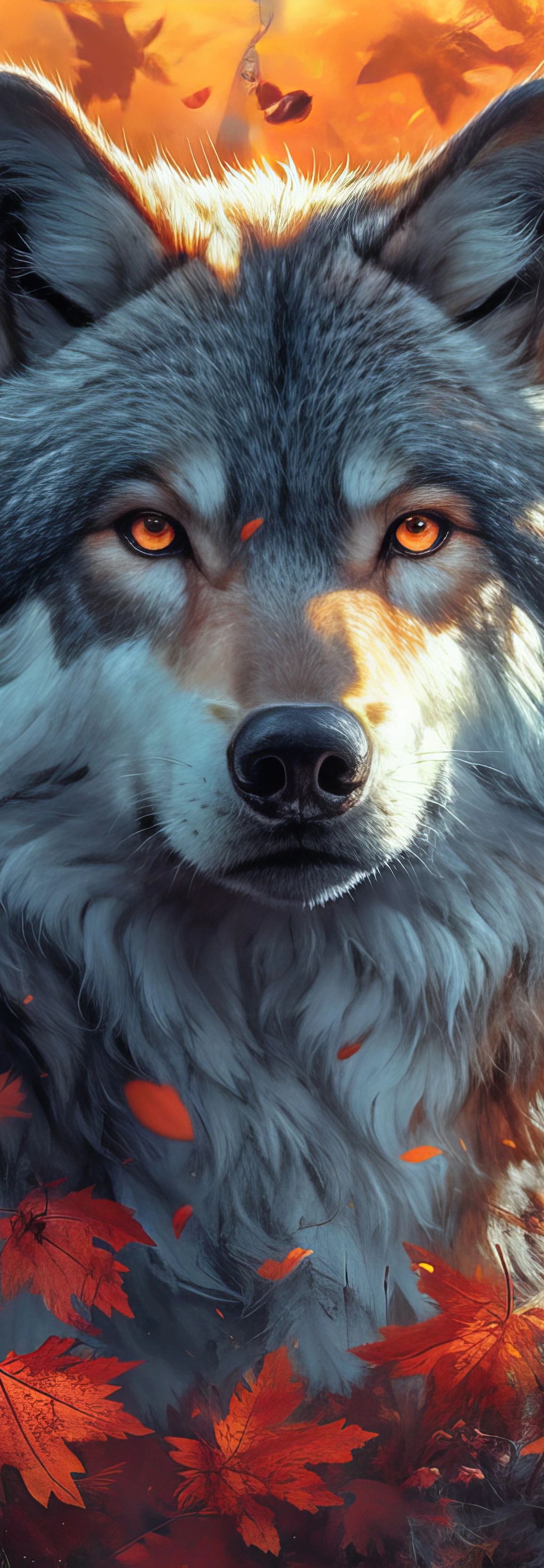 A grey wolf with amber eyes surrounded by falling autumn maple leaves and orange fire and sparks in the background