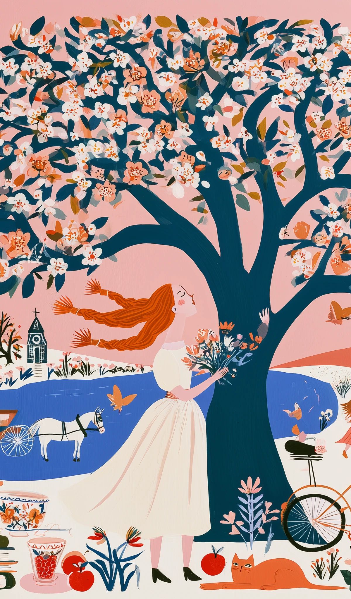 Illustration of a woman in orange skirt under a large tree full of white and orange blossoms, with village, bicycles, horse carriage, and pastoral landscape elements in warm and cool tones