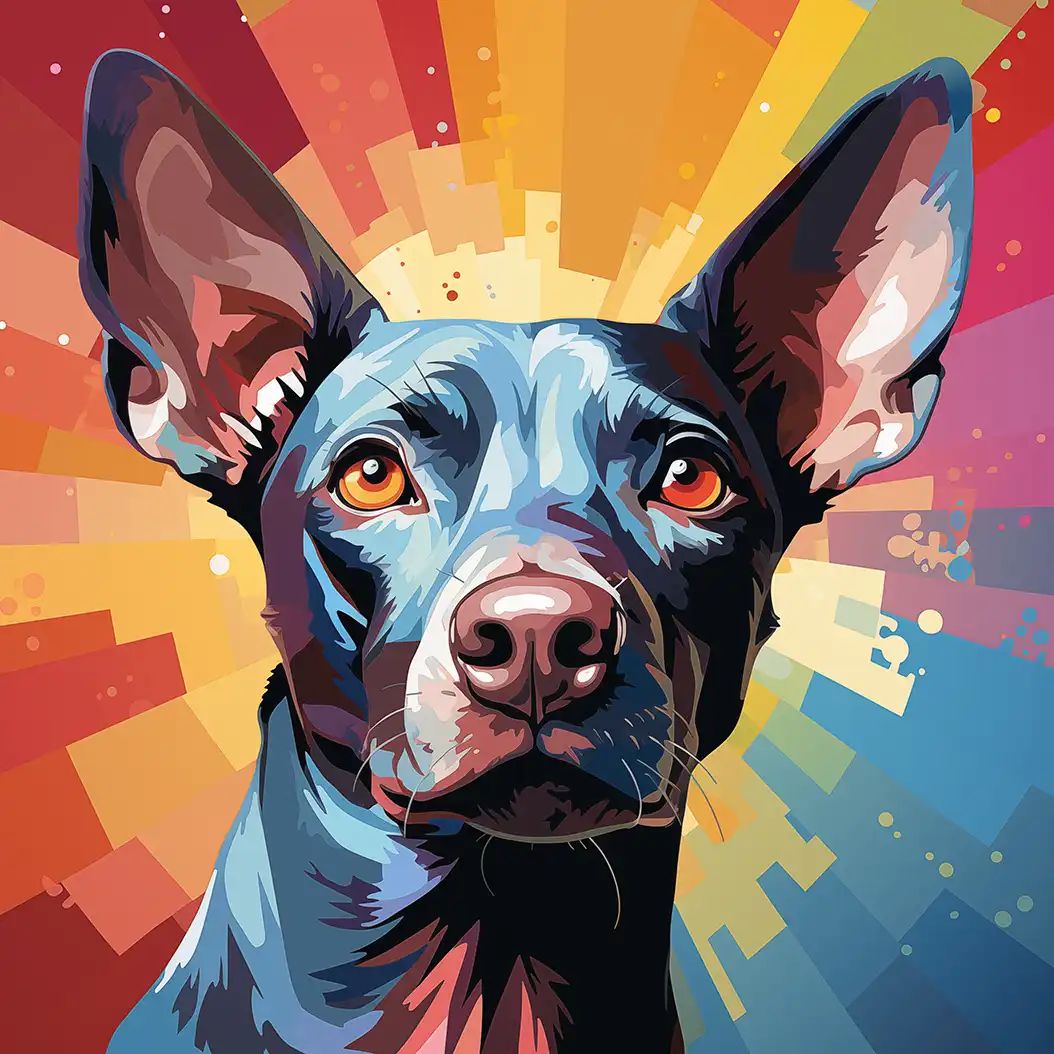Bright artistic portrait of a Xoloitzcuintli dog with large ears and colorful abstract rays.