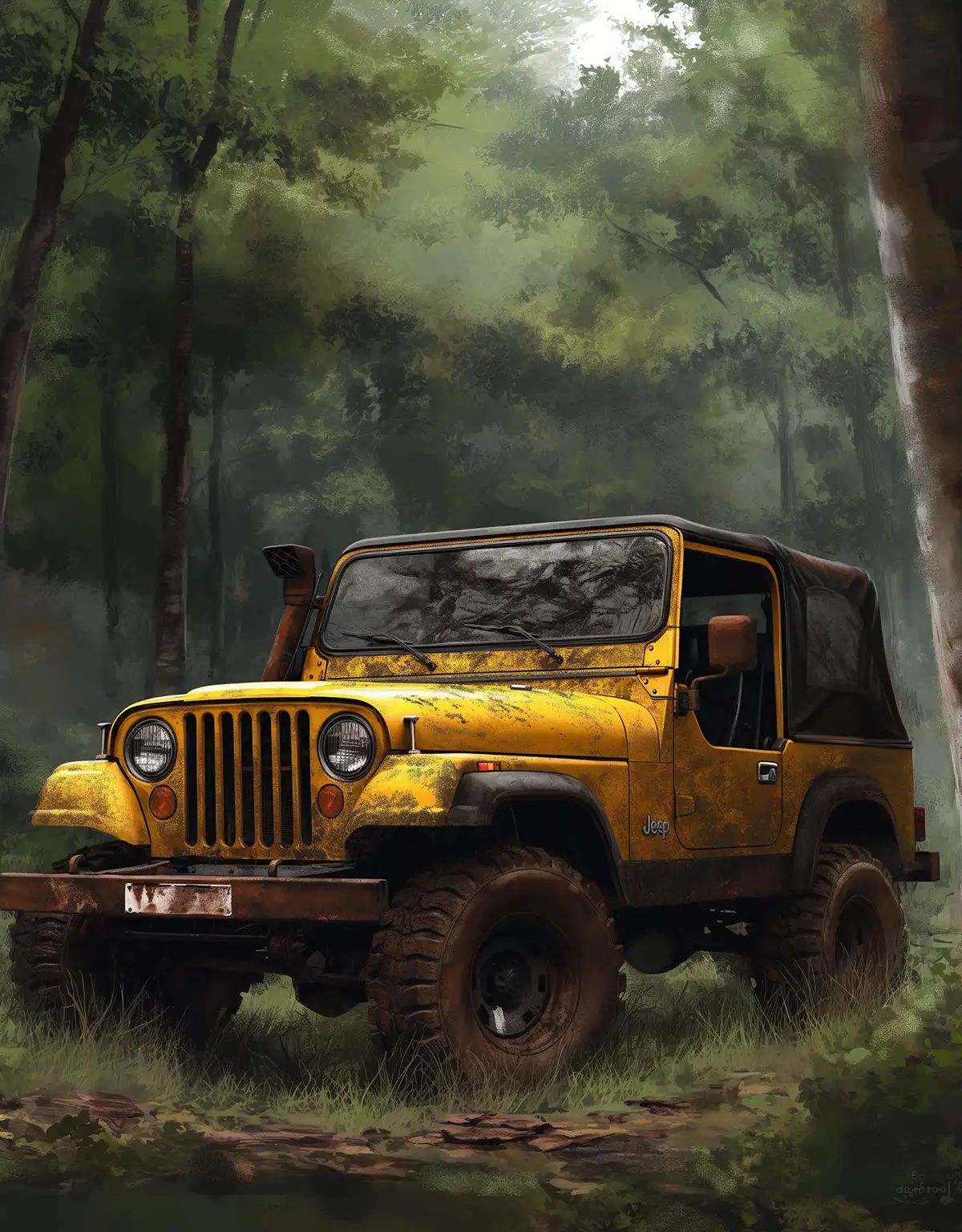 A rusty yellow Jeep with a black canvas top parked among tall trees in a sunlit forest clearing.