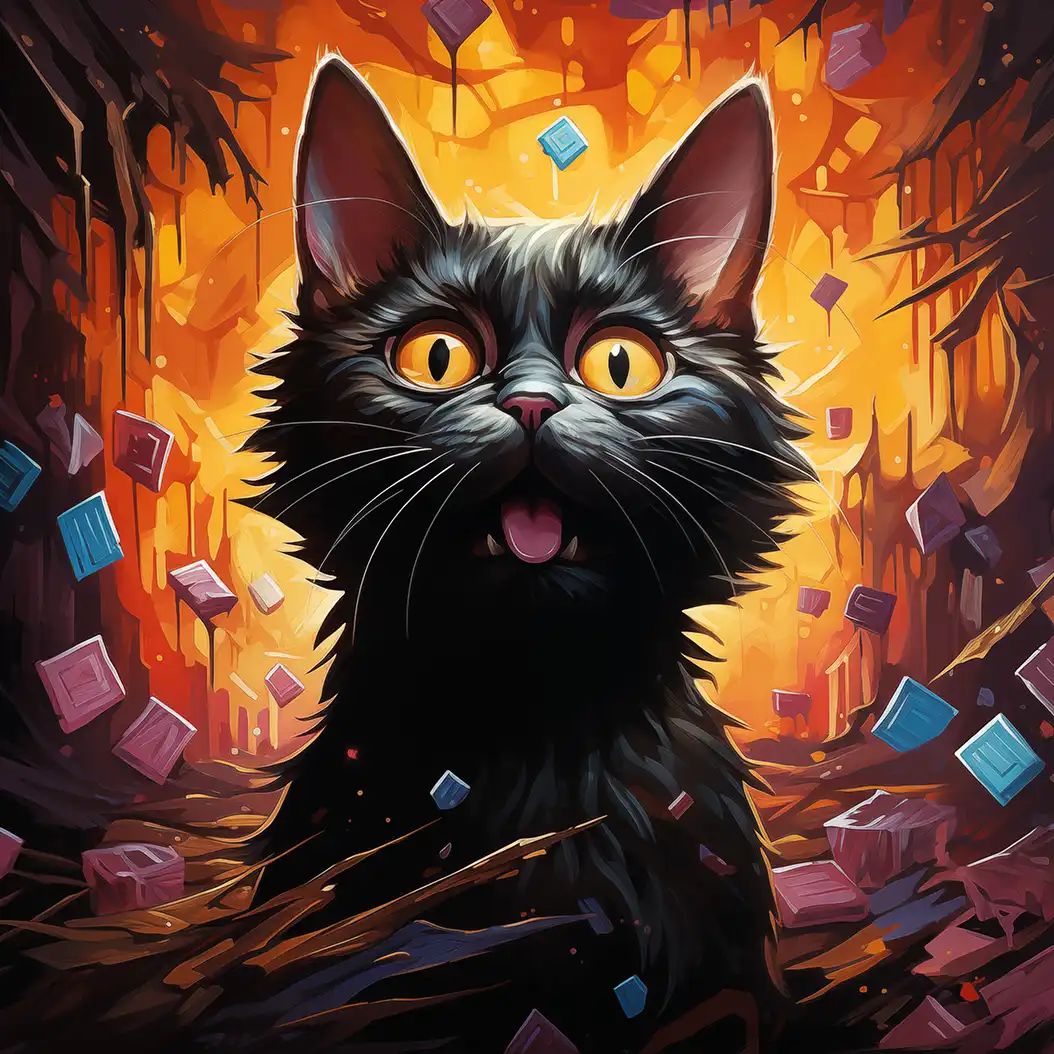 Colorful digital portrait of a black York Chocolate cat with glowing eyes and abstract background.