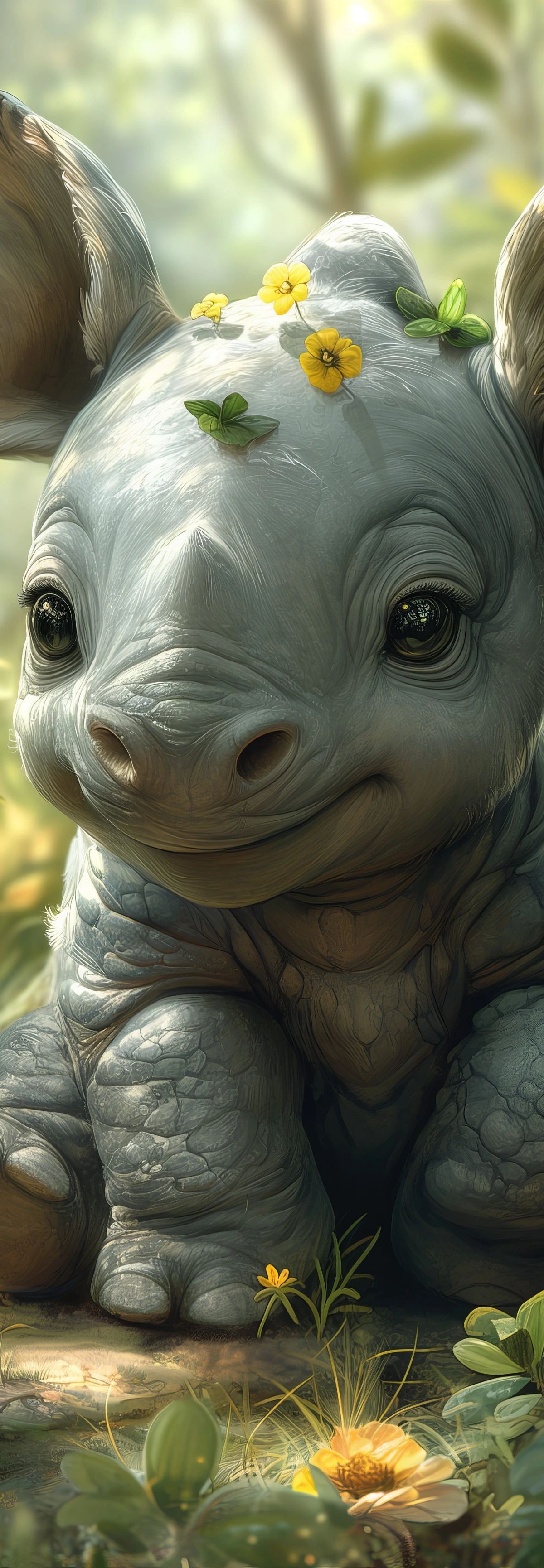 A cute baby rhino with gray skin sitting in a garden surrounded by yellow flowers and green plants, with small flowers placed on its head